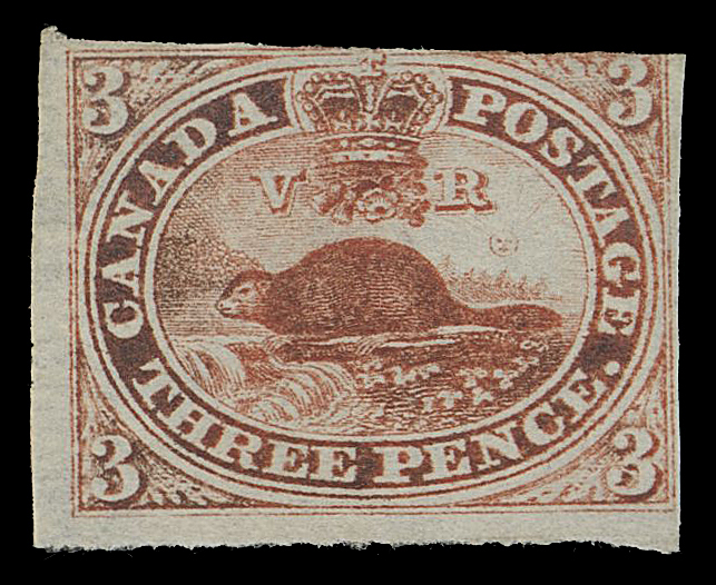 THREE PENCE AND FIVE CENTS  4i, x,A very scarce unused example clearly showing a Vertical Stitch Watermark at left, readily visible without the need of watermark fluid, deep shade on bright fresh paper, very large margins on two sides, clear to barely touching design on others. One of the few existing unused 3 pence stamp with Stitch Watermark variety, Fine (Unitrade cat. $2,500)