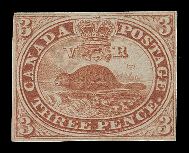 THREE PENCE AND FIVE CENTS  4xiii,An unused example of the Major Re-entry (Pane A, Position 80) with very prominent doubling in "THREE PENCE", upper and lower left "3"s and other traits, small or clear margins all around, vertical and pressed horizontal creases, the latter not readily discernible. A very presentable unused example of this rarely seen plate variety, Fine (Unitrade unpriced in unused condition)

Provenance: Dale-Lichtenstein, Sale 7 - British North America Part Three, H.R. Harmer, Inc., January 1970; Lot 593
Clayton Huff (Part 4), Maresch Sale 207, November 1987; Lot 20