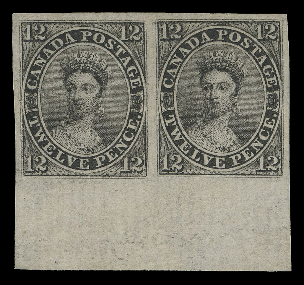 TWELVE PENCE  3,The glorious mint pair of the famous Twelve Penny Black, a  fabulous item of the utmost rarity and aesthetic beauty. It was acquired by Ron Brigham in 1988; since then it has only surfaced at prestigious events and international exhibitions,  deservedly garnering attention and dazzling a worldwide audience. One of the "Crown Jewels" of Canadian Philately, Extremely Fine, Original Gum, Lightly Hinged

Provenance: A Magnificent Collection of Postage Stamps, British  North America, W. Elliot Woodward Co., March 1896; Lot 265.
Dale-Lichtenstein, Sale 2 - British North America Part One, H.R.  Harmer, Inc., November 1968; Lot 56 (Jim Sissons & Bob Lyman  acquired the pair and sold it to Sam Nickle who then kept it in  his collection for the next 20 years).
Sam Nickle Pence Issue Collection, Firby Auctions, October 1988;  Lot 169 - aptly described as "The Magnificent Horizontal pair...  the Most Important Philatelic Treasure of Canada", gracing the  front cover of the pre-eminent "name-sale" auction catalogue. Realized US$150,000 hammer against a catalogue value then of  $50,000 per single according to the old CS catalogue.

Exhibitions & Notes: Nickle Collection exhibit collection  mentions "the bottom margin mint pair is Positions 93 and 94 from the Left Pane."
ANPHILEX 