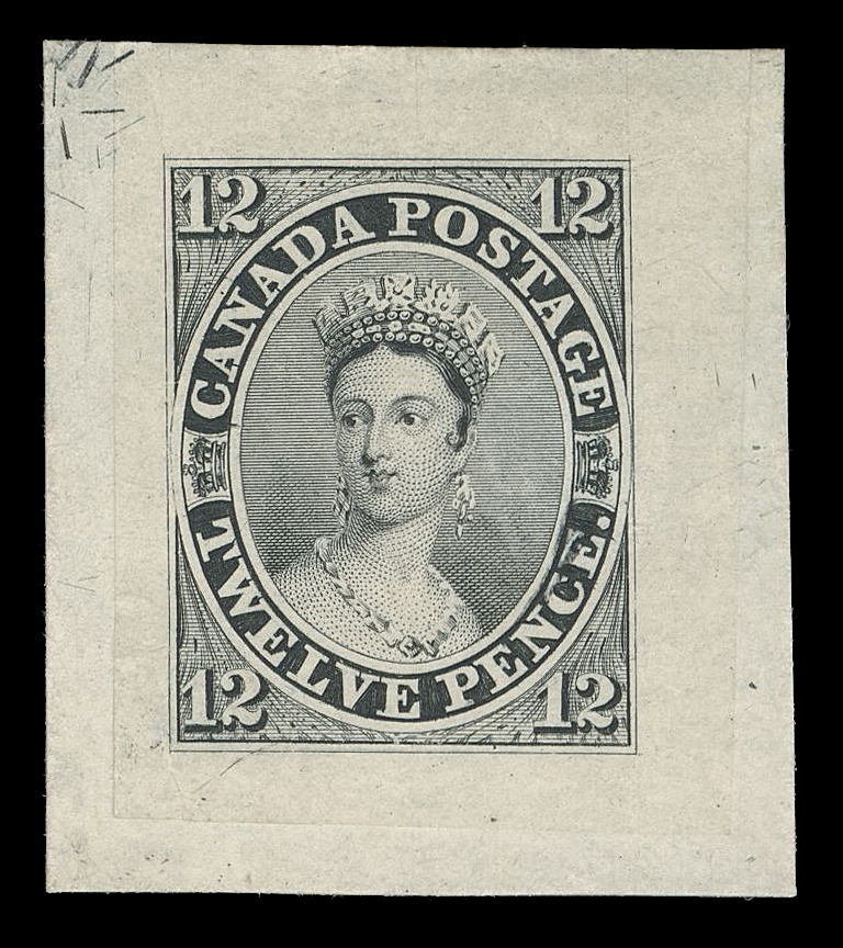 TWELVE PENCE  3TC,"Goodall" Die Proof, engraved, printed in a very attractive dark grey black colour on india paper 24 x 30mm die sunk on card 29 x 32mm with distinctive engraver