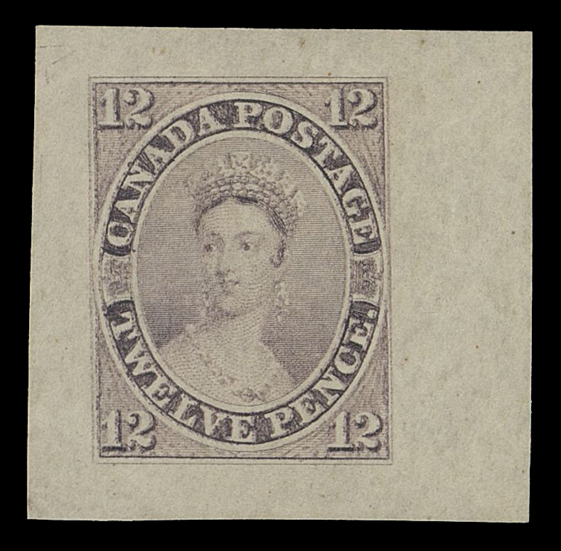 TWELVE PENCE  3TC,A superb and very attractive "Goodall" Die Proof, engraved, printed in purple on yellowish thin hard bond paper 30 x 29mm, originating from the Compound Die with characteristic scar in "CE" of "PENCE", the distinctive mark associated with "Goodall" proofs. A fabulous coloured die proof, XF (Minuse & Pratt 3TC3d)

Provenance: The "Carrington" Collection of Canada 1851-1864 Issues, Matthew Bennett Auctions, June 2002; Lot 3032