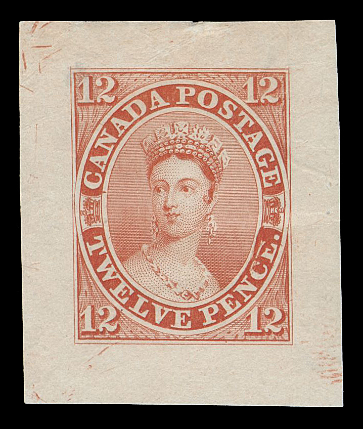 TWELVE PENCE  3TC,"Goodall" Die Proof, engraved, printed in vermilion on india  paper, originating from the Compound Die, showing scar in "CE"  of "PENCE"; minor indentation of a paper clip and slight mounting mark. A beautiful coloured die proof and of VF appearance  (Unitrade cat. $12,500; Minuse & Pratt 3TC3a)

Provenance: C.G. Kemp, Robson Lowe, February 1968; Lot 1032
The "Carrington" Collection of Canada 1851-1864 Issues, Matthew  Bennett Auctions, June 2002; Lot 3034