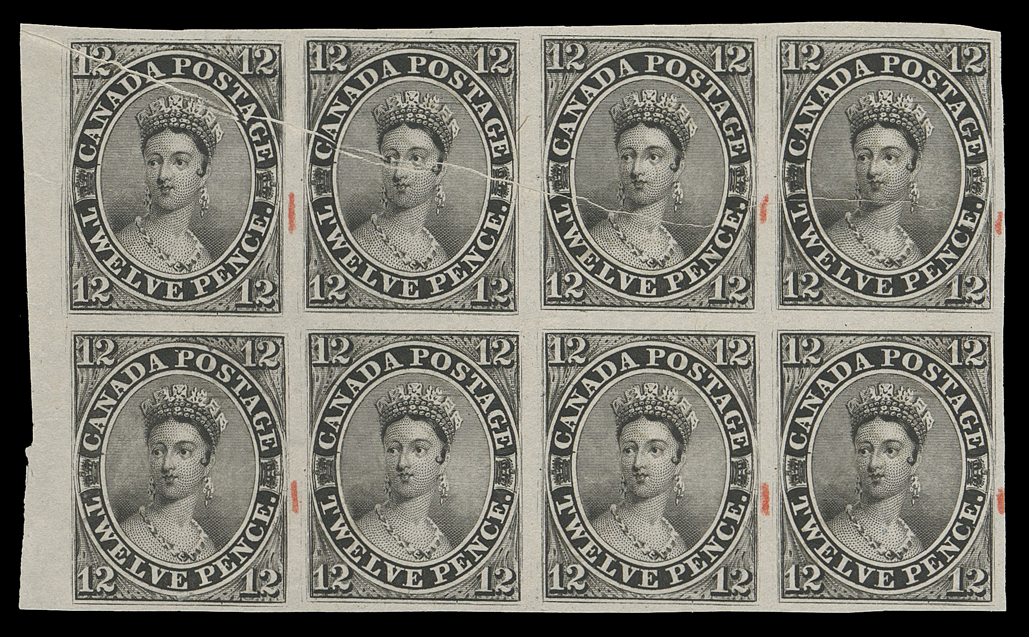 TWELVE PENCE  3,A remarkable plate proof block of eight on india paper with faded diagonal SPECIMEN overprint; being Positions 41-44, 51-55, small red crayon marks in margin apparently denoting plate flaws. Pre-printing paper fold running diagonally on first three proofs in top row, certainly one of the largest surviving proof multiples, VF

Provenance: Dale-Lichtenstein, Sale 2 - British North America, Part One, H.R. Harmer, Inc., November 1968; Lot 54 - originally a block of 60 from which this block originates.
Sam Nickle, Christie