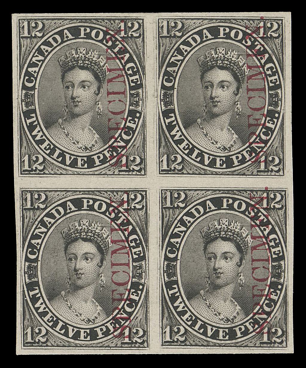 TWELVE PENCE  3Pi,A lovely plate proof block of four on card mounted india paper with vertical SPECIMEN overprint in carmine; few blocks survive, VF and choice

This block corresponds to plate positions 25-26 / 35-36 (Left Pane).