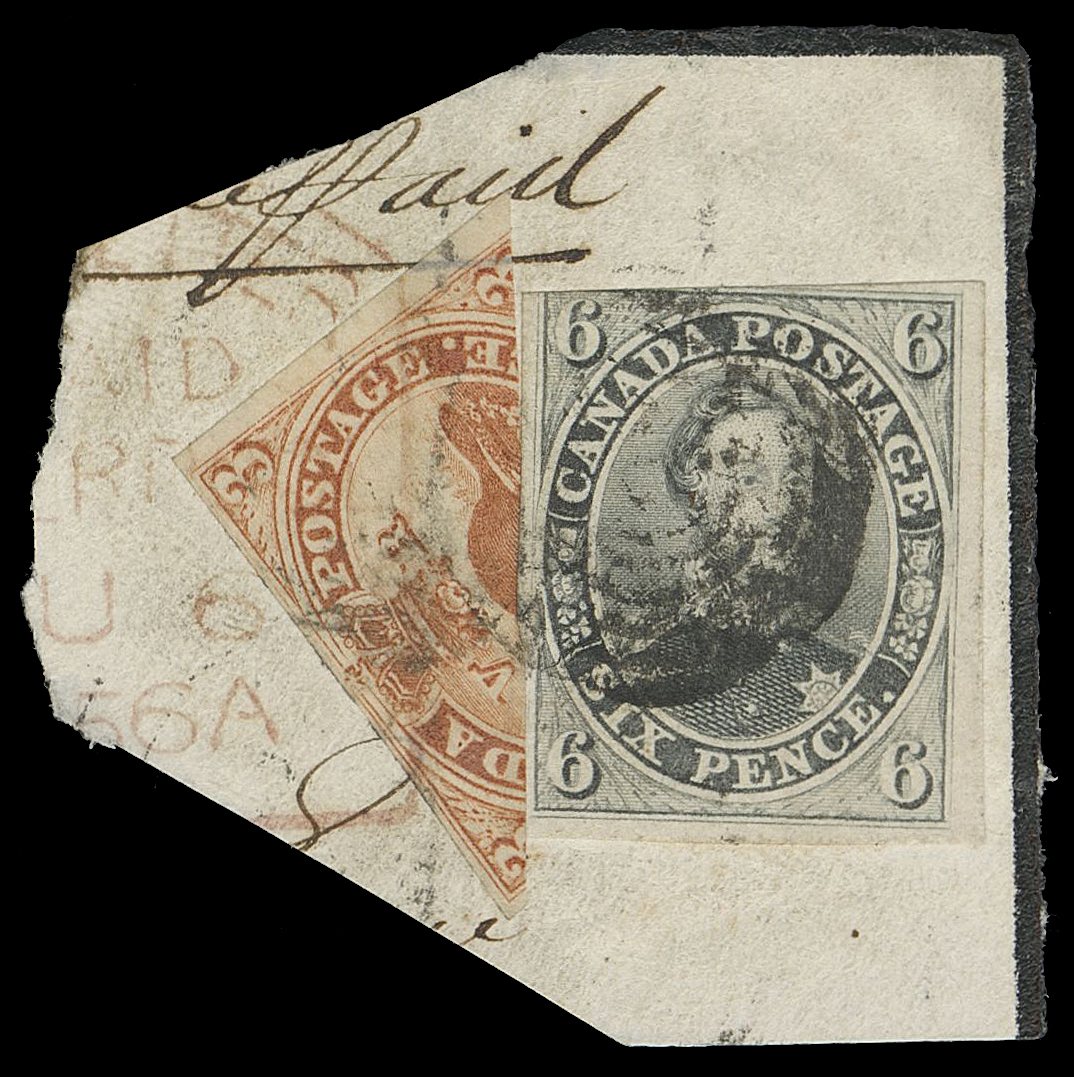 THREE PENCE AND FIVE CENTS  A diagonal bisect of the 3 pence red used as 1½p and clearly tied by "tombstone" Pkt Letter Paid Liverpool _U 6 56 transit in red, placed alongside a 6p greenish grey on medium wove paper, cut in at top left, Fine (Unitrade 4b, 5b)

Effective May 1856, the Trans-Atlantic letter rate was reduced to 7½p currency for Canadian Packet - Allan Line mail to the U.K. For a short-period, no 7½p stamp was available; one of the methods of prepayment of the this new rate was to bisect the current 3p stamp. Three or four covers exist with the bisected 3p and a pair of 3p for the 7½ pence rate. No cover exists with the combination offered here.

Provenance: Dale-Lichtenstein, Sale 5 - British North America, Part Two, H.R. Harmer, Inc., New York, May 1969; Lot 430
Sam Nickle Collection, Firby Auctions, Firby Auctions, October 1988; Lot 316

Literature: Illustrated in Winthrop Boggs "The Postage Stamps and Postal History of Canada" handbook on page 165.