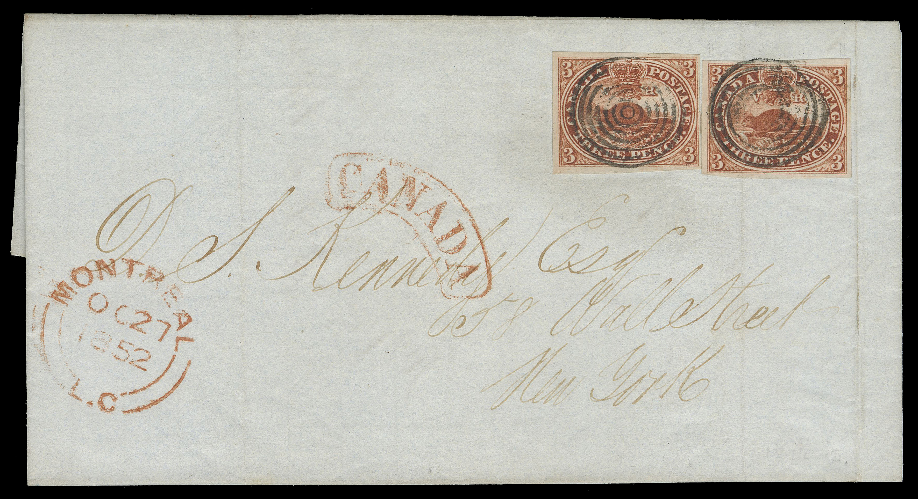 THREE PENCE AND FIVE CENTS  1852 (October 27) Folded cover from the well-known Kennedy correspondence bearing two select 3p red on medium wove paper, imperforate, each large margined with amazing deep colour and sharp impression for such an early printing, neat concentric rings cancels, Montreal double arc dispatch in red, sent to New York, border exchange office arc CANADA in red, couple light file folds, one through right stamp; a beautiful cover of wonderful appeal, VF (Unitrade 4 early printing)

Provenance: Kasimir Bileski Pence Issue Collection, Eaton & Sons, June 1995; Lot 229

Literature: Interesting article in BNA Topics Whole 87, Volume 9, No. 1, pages 19-20, pertaining to this cover.