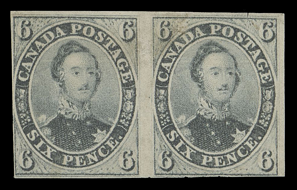 SIX PENCE AND TEN CENTS  5,A rare unused pair in the distinctive shade on fresh wove paper, just into outer frameline to ample margins, hard to see internal cut on left stamp, small tear and surface scuff on right stamp. Despite the minor imperfections, a very presentable pair of Fine appearance. Very few Six pence unused multiples exist in any condition. (Unitrade cat. $30,000)

Expertization: 2023 Greene Foundation certificate