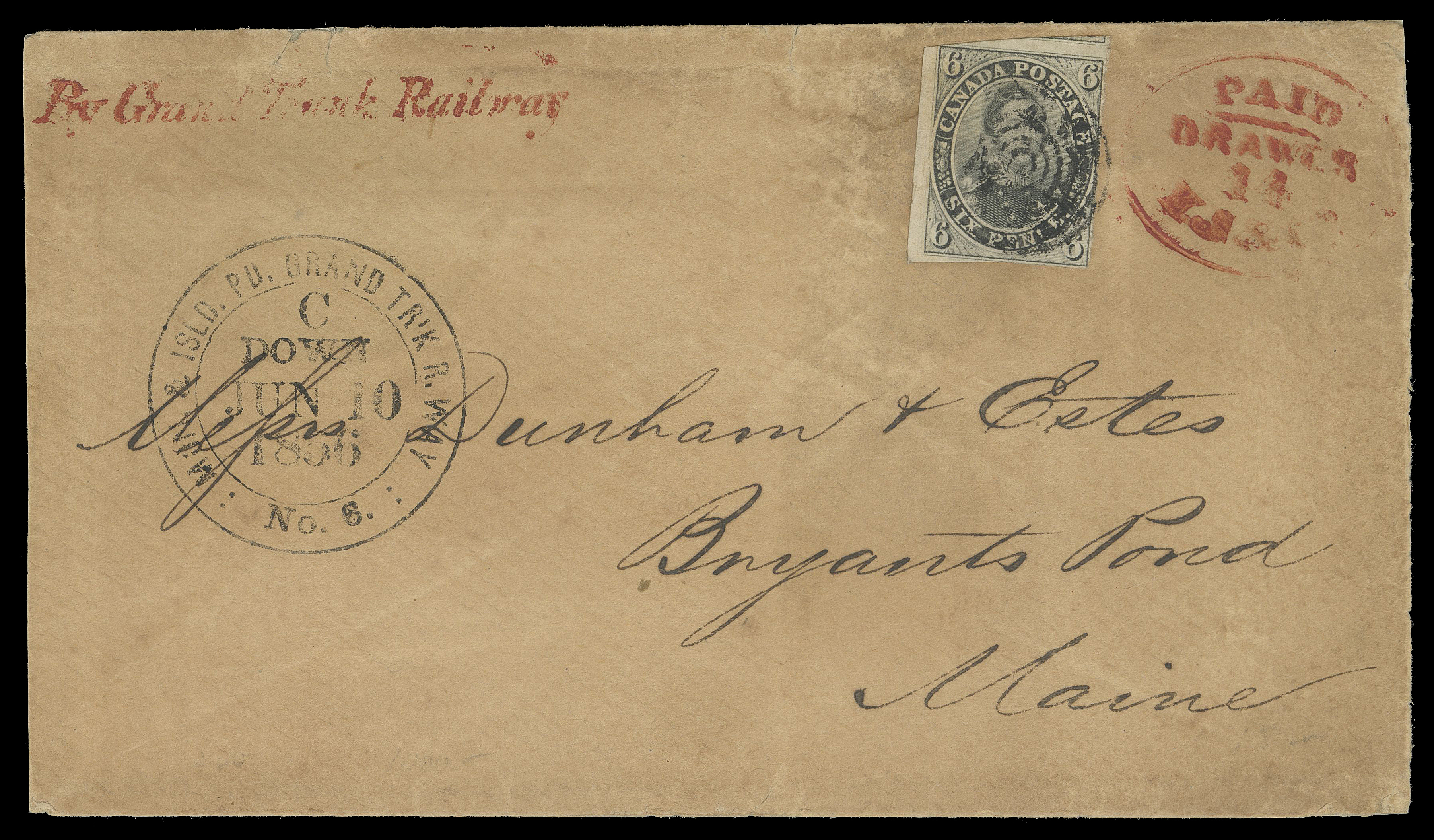 SIX PENCE AND TEN CENTS  1856 (June 10) Brown cover handstamped "By Grand Trunk Railway" in red with same ink Paid Drawer 14 owner