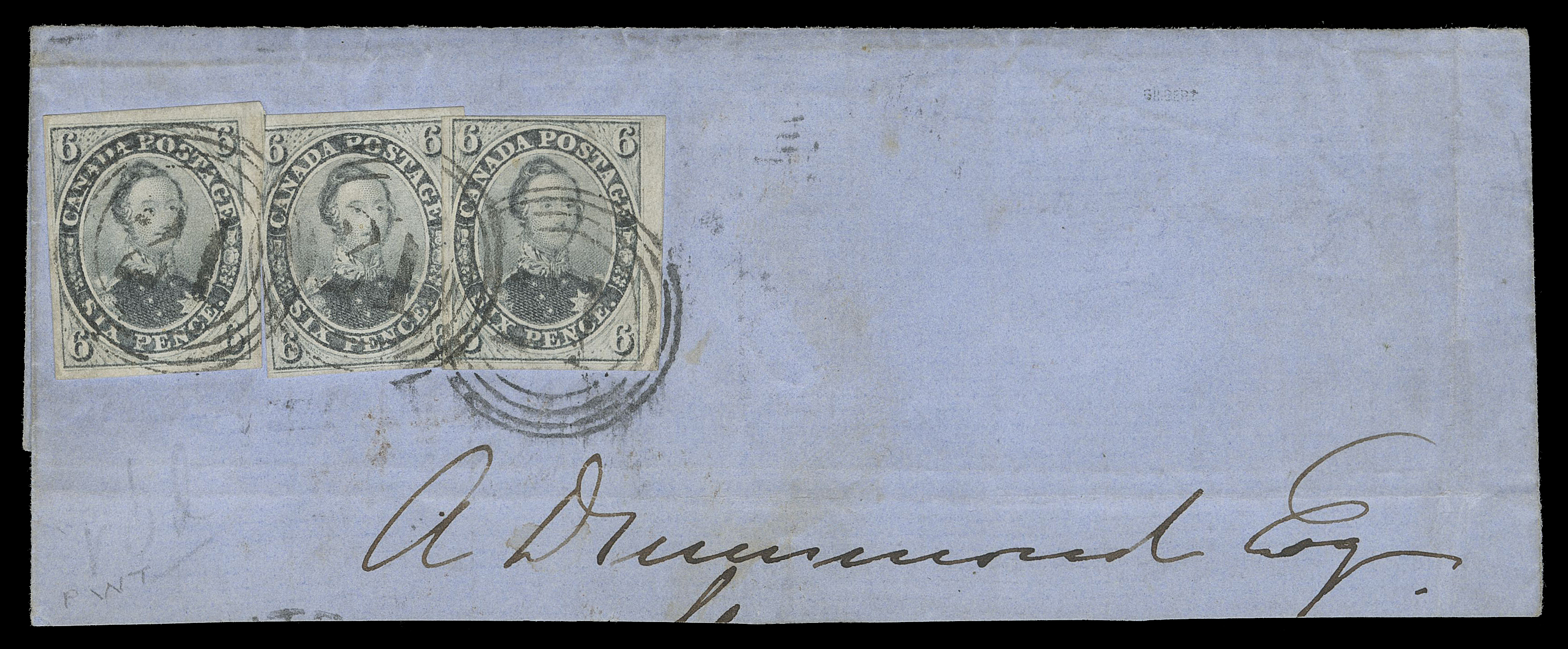 SIX PENCE AND TEN CENTS  1857 (August) Part cover displaying an impressive franking consisting of three single 6p greenish grey on medium wove paper, all with clear to noticeably large margins and superbly tied by four-ring 