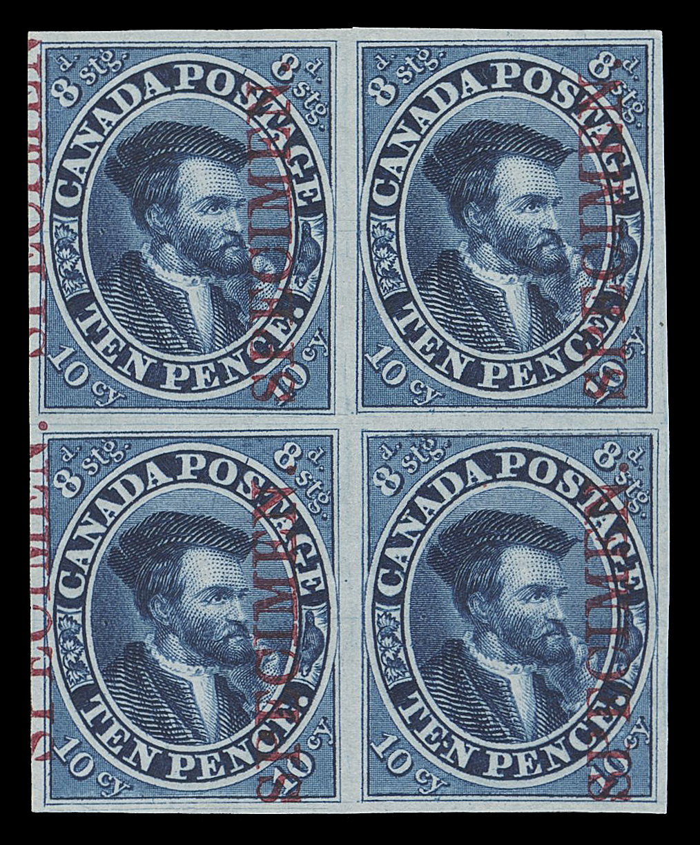 TEN PENCE AND SEVENTEEN CENTS  7Pi + variety,Plate proof block in the issued colour on india paper, vertical SPECIMEN overprint in carmine. Shows "extra" column of SPECIMEN overprint along left edge of the block, being Positions 55-56 / 67-68 on the plate of 120 subjects with Major Re-entry (Position 68) on lower right proof, displaying noticeable doubling in upper corners "8stg", along horizontal framelines, in "NADA" of "CANADA" and other traits, VF (Unitrade cat. as normal proofs)

For no valid reason and to our surprise, this major plate variety is currently unlisted in specialized listings and websites.

Provenance: Henry Gates (Part 1), Maresch Sale 124, March 1981; Lot 323