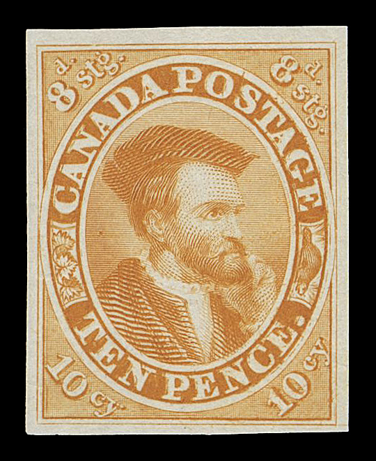 TEN PENCE AND SEVENTEEN CENTS  7TCiii + variety,Trial colour plate proof in orange yellow on india paper, displaying the Major Re-entry plate variety (Position 53) with strong doubling at top of "CANA" letters, in letters and in oval below "POSTAGE" and "PENCE", in all four corner numerals, etc., XF

Provenance: Henry Gates, Maresch Sale 124, March 1981; Lot 325
The "Lindemann" Collection (private treaty, circa. 1997)