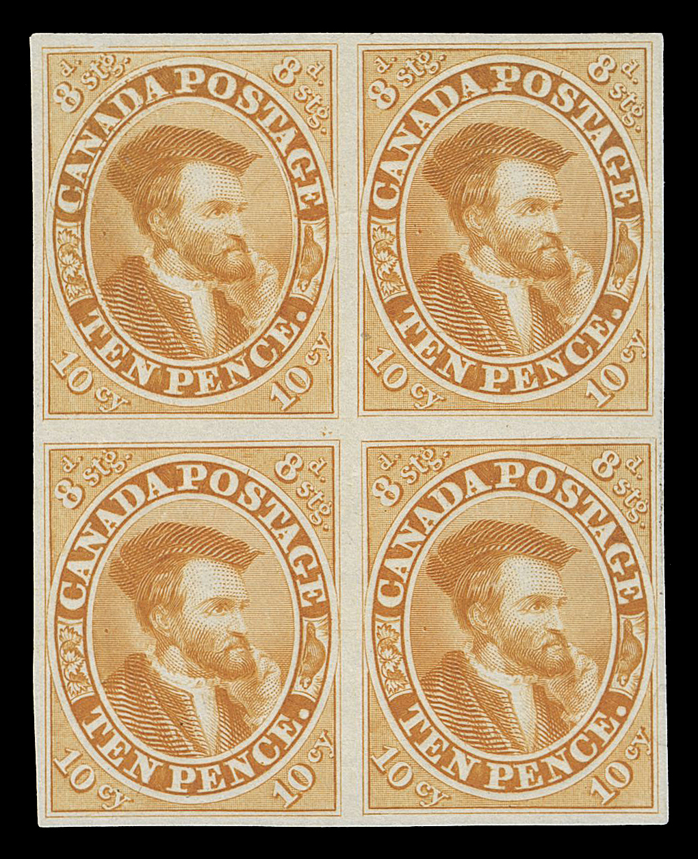 TEN PENCE AND SEVENTEEN CENTS  7TCiii + variety,A beautiful trial colour plate proof block printed in orange yellow on india paper, the upper left proof shows the Major Re-entry (Position 29), very rare and in our opinion, the most sought-after plate variety found on this particular stamp, VF (Unitrade cat. as normal single proofs)

Provenance: Henry Gates (Part 1), Maresch 124, March 1981; Lot 326
The "Lindemann" Collection (private treaty, circa. 1997)