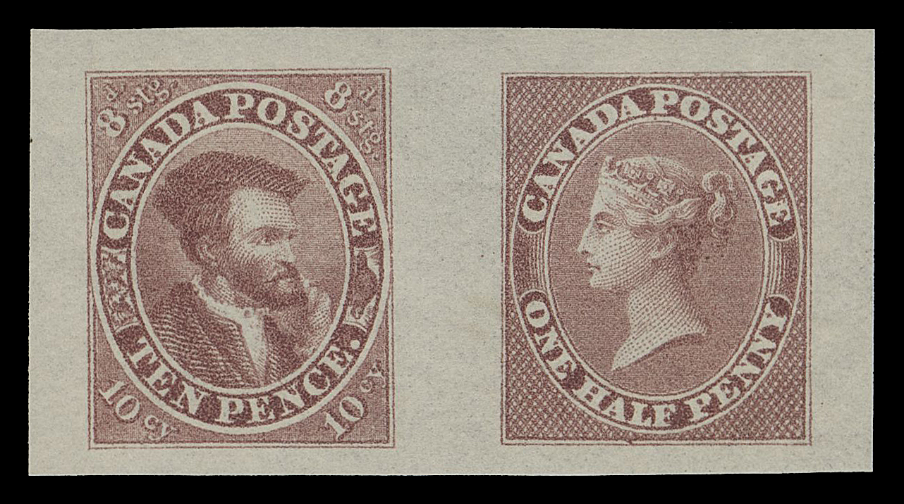 HALF PENNY AND ONE CENT  7P & 8P,A phenomenal American Bank Note Company se-tenant pair of LITHOGRAPHED Proofs originating from the trade sample sheet. Printed in a fabulous dark garnet red colour on horizontal mesh wove paper (0.003" thick). Exceptionally fresh and of wonderful eye-appeal; outstanding in all respects, XF (Minuse & Pratt P8-C)

Provenance: The "Lindemann" Collection - Canada Pence & Cents Issues (private treaty circa. 1997)