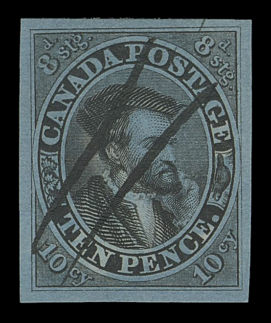 TEN PENCE AND SEVENTEEN CENTS  7,American Bank Note Company trade sample proof, engraved, printed in black on thick blue vertically Laid Paper, pen lines and gum applied by ABNC, rare and visually striking, VF OG

Provenance: Henry Gates (Part 1), Maresch Sale 124, March 1981; Lot 343
The "Lindemann" Collection (private treaty, circa. 1997)