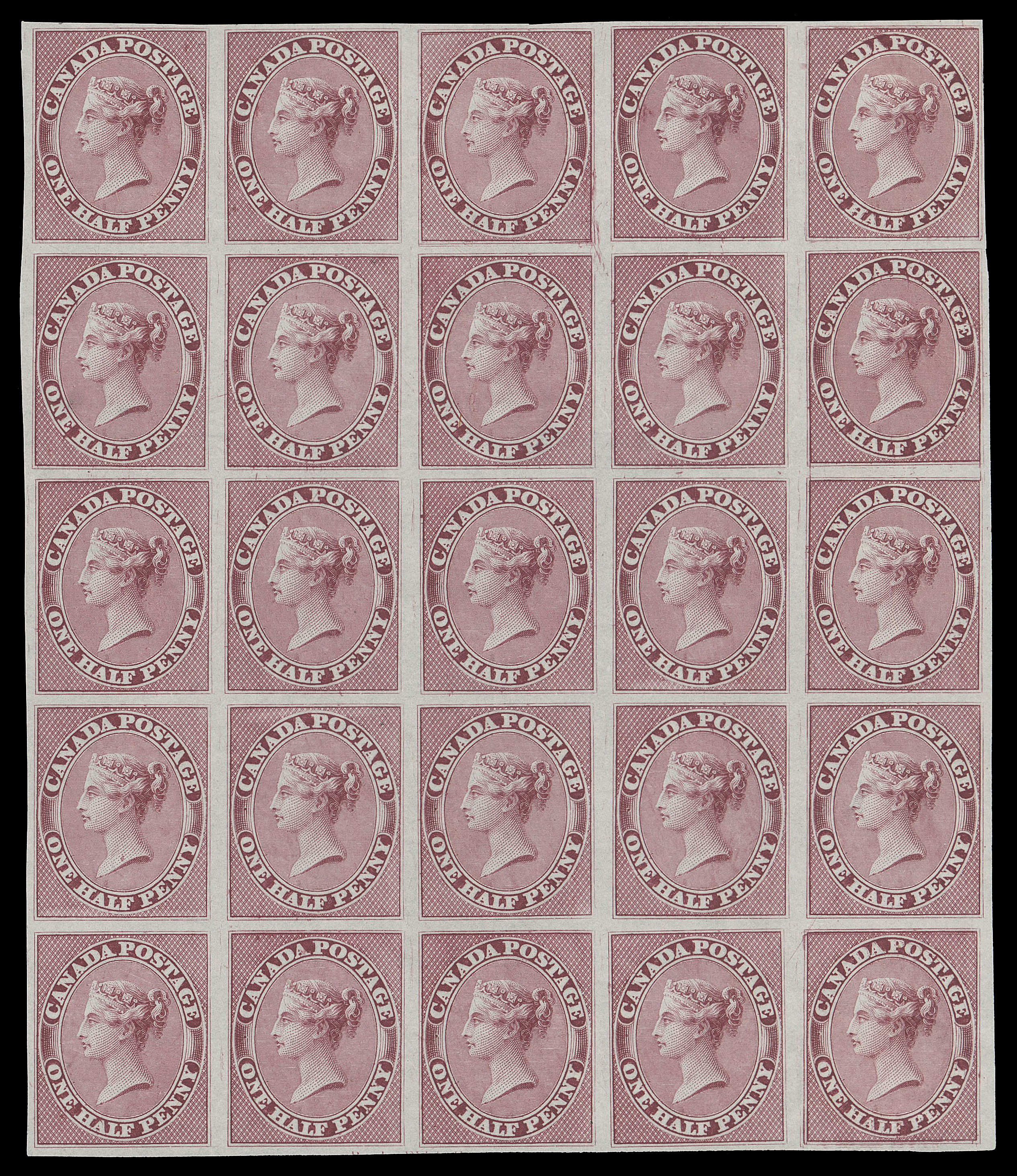 HALF PENNY AND ONE CENT  8TC + varieties,An attractive plate proof block of 25 on india paper, in a deeper shade than the issued stamp, Positions 68-72 / 116-120 in the plate of 120-subjects, showing five different Major Re-entries at Positions 70, 72, 84, 96, 120, the last four shown in the last column, VF (Unitrade cat. $7,500 as normal proofs)