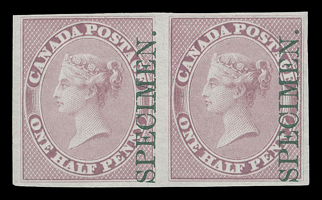 HALF PENNY AND ONE CENT  8Pi + variety,Plate proof pair in rose, colour of issue, on india paper with vertical SPECIMEN overprint in green, right stamp with Major Re-entry (Position 22 from the plate of 120-subjects) with strong doubling in "NADA POST" of "CANADA POSTAGE" and oval and bottom frameline, fresh and appealing, VF