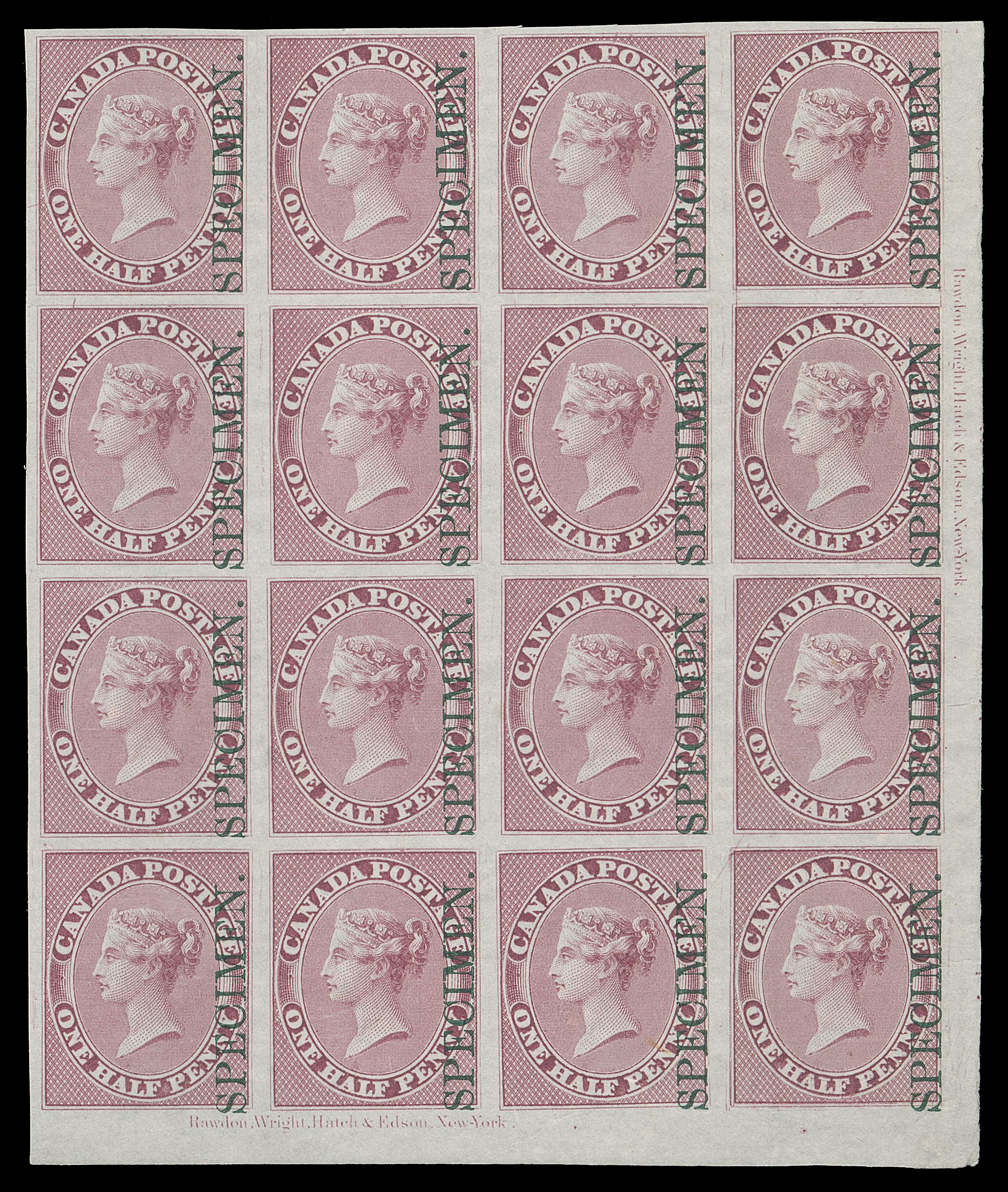 HALF PENNY AND ONE CENT  8Pi + varieties,A remarkable corner margin plate proof block of sixteen, printed in rose, issued colour, on india paper with vertical SPECIMEN overprint in green, Positions 81-84 / 117-120 from the plate of 120-subjects, displaying two complete Rawdon, Wright, Hatch & Edson, New York plate imprints, shows Major Re-entries at Positions 84, 96 and 120, VF (Unitrade cat. $4,800 as normal proofs)

Provenance: The "Lindemann" Collection (private treaty, circa. 1997)