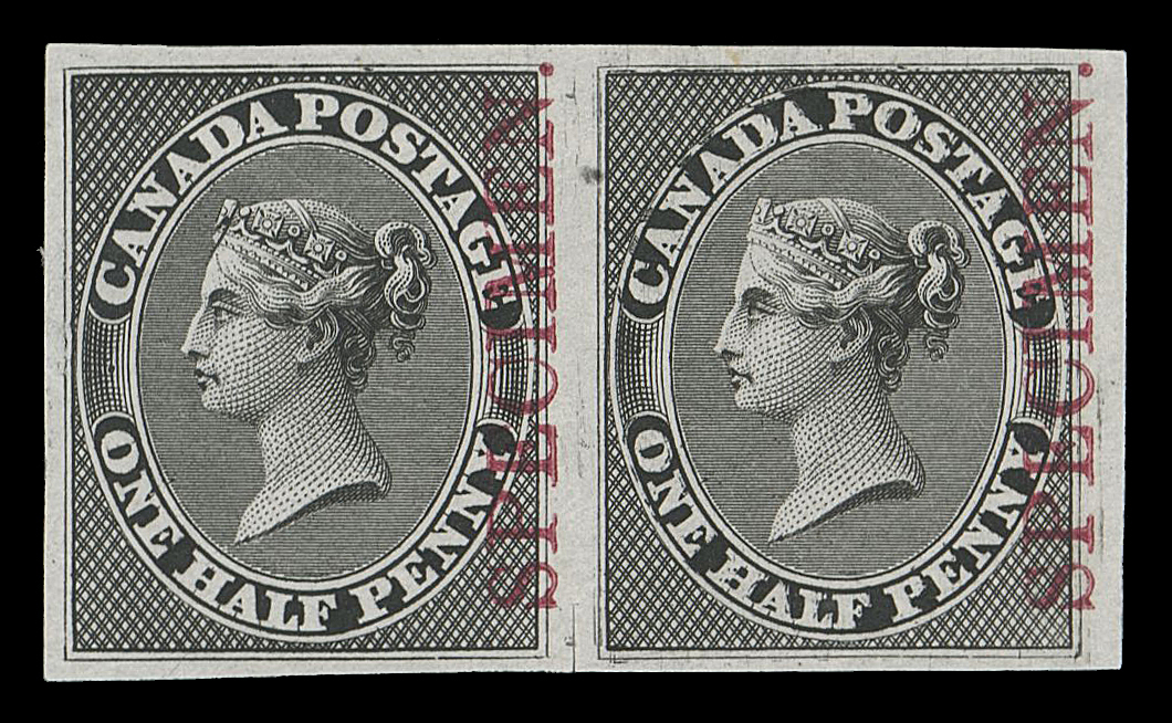 HALF PENNY AND ONE CENT  8TCii + varieties,Trial colour plate proof pair in black on india paper with  vertical SPECIMEN overprint in carmine, tiny scissor cut at foot  between proofs; left proof shows the "Crown" plate flaw (major  plate scratch, Position 71) and right proof with the Major  Re-entry (Position 72) from the plate of 120 subjects, latter  shows doubling on nearly all lettering, frameline at top and lower left corner. A very appealing pair displaying prominent plate  varieties, VF