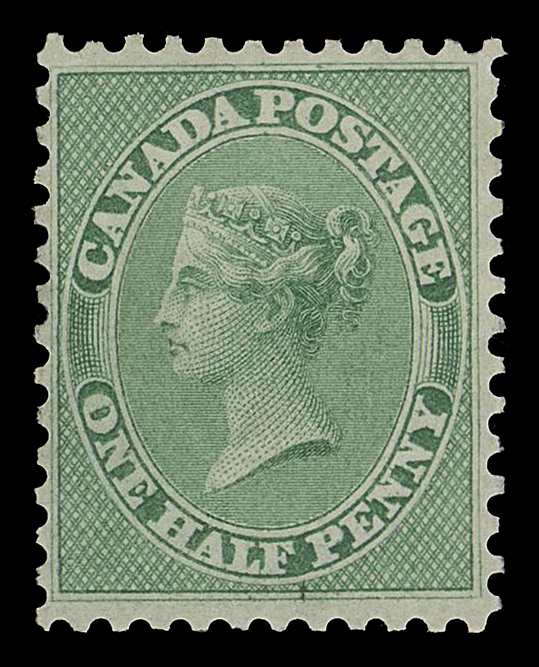 HALF PENNY AND ONE CENT  8,American Bank Note Company trade sample proof, engraved, printed in bright yellowish green on white wove paper, perforated and gummed (lower half remains) by ABNC, VF OG

Provenance: Henry Gates (Part 1), Maresch Sale 124, March 1981; Lot 380
Maresch Private Treaty (Second Catalogue, 1982), Item 103