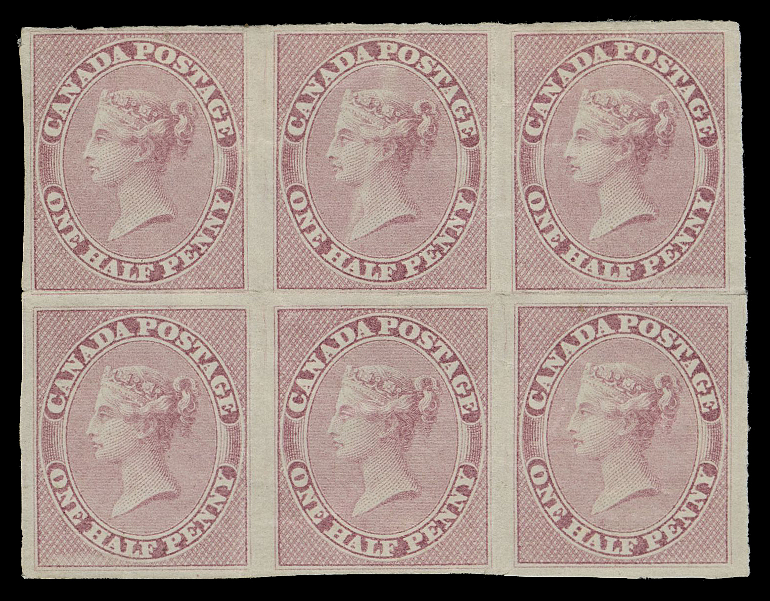 HALF PENNY AND ONE CENT  8,Mint block of six, Positions 86-88 / 98-100 from the plate of 120-subjects, folded vertically and horizontally mostly between stamps and other minor imperfections; nevertheless a rare mint multiple, F-VF appearance with large part original gum.

Short transfer varieties can be seen on Positions 88 and 98, both visible at the bottom of the design.

Provenance: Charles Lathrop Pack, Part II, Harmer, Rooke & Co., April 1945; Lot 125
The "Lindemann" Collection (private treaty, circa. 1997)
