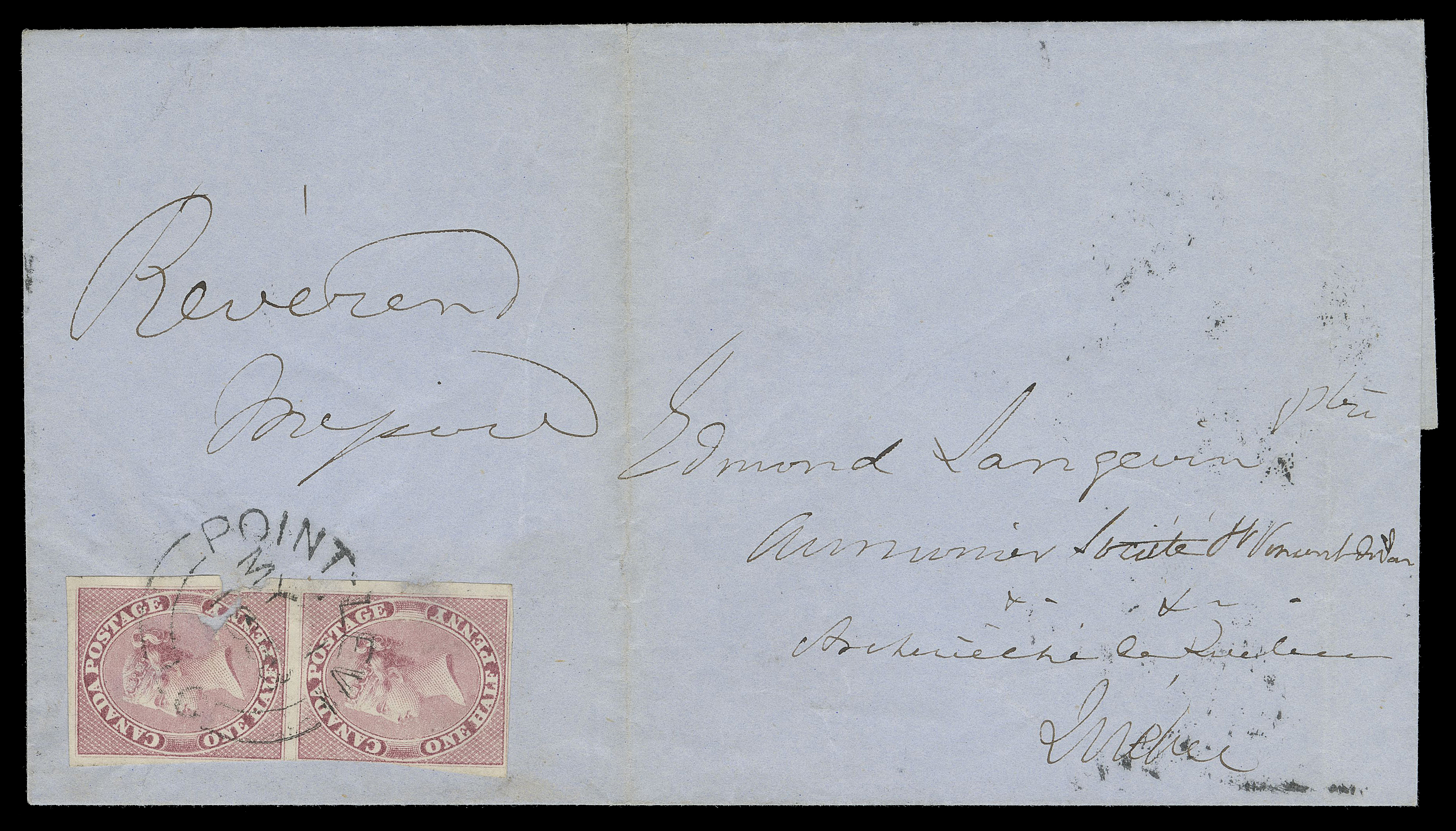 HALF PENNY AND ONE CENT  1858 (May 1) Blue folded cover from Point Lévi, L.C. to Québec  franked with a vertical imperforate pair of half penny rose on  medium wove paper, top stamp faulty before being affixed, ideally tied by clear Point-Levi double arc dispatch, superbly struck on back with same-day Quebec receiver. Pays the very rare adjacent  post office rate commonly known as "ferriage across the St.  Lawrence River" one-penny rate - one of only a mere five such  franked covers have been reported; a great cover for a serious  postal history collection, Fine (Unitrade 8)

Provenance: The "Loch" Collection - Canadian Pence Issue, Firby  Auctions, April 1999; Lot 164

Literature: Illustrated and discussed in article "The Quebec -  Point Levi 1d / 2¢ cover" by George Arfken & Charles Firby, BNA  Topics, Whole 514, Vol. 65, No. 1, January - March 2008, pages  20-24 (Figure 3).

Census: This is Cover No. 3 listed in Table 22 "Adjacent Post  Office Rate Pence Covers" in Arfken, Leggett, Firby & Steinhart  "Canada