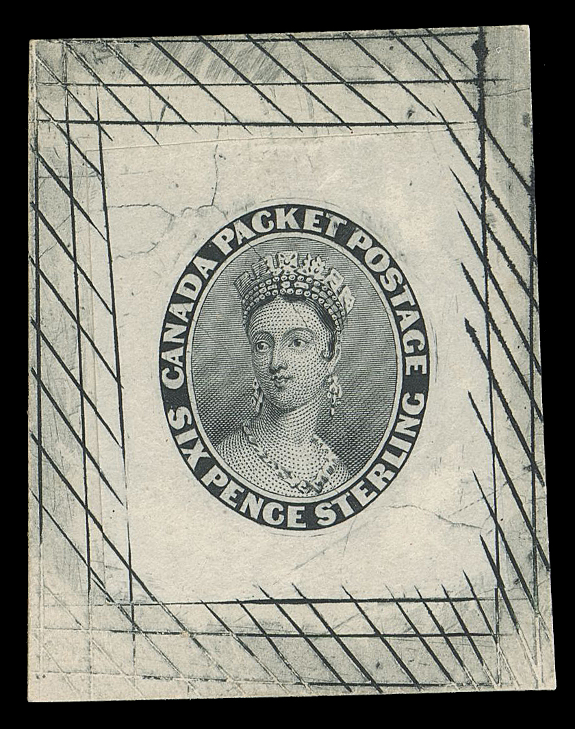 SEVEN AND ONE HALF PENCE AND TWELVE AND ONE HALF CENTS  9,Engraved "Goodall" Die Essay of the Chalon portrait and lettering, surrounded by cross-hatched lines, printed in black on india paper 25 x 28mm, die sunk on card 31 x 41mm; light card crease on reverse. A remarkable essay and highly desirable essay, VF (Minuse & Pratt 9Eb)

Provenance: The "Lindemann" Collection (private treaty circa. 1997)