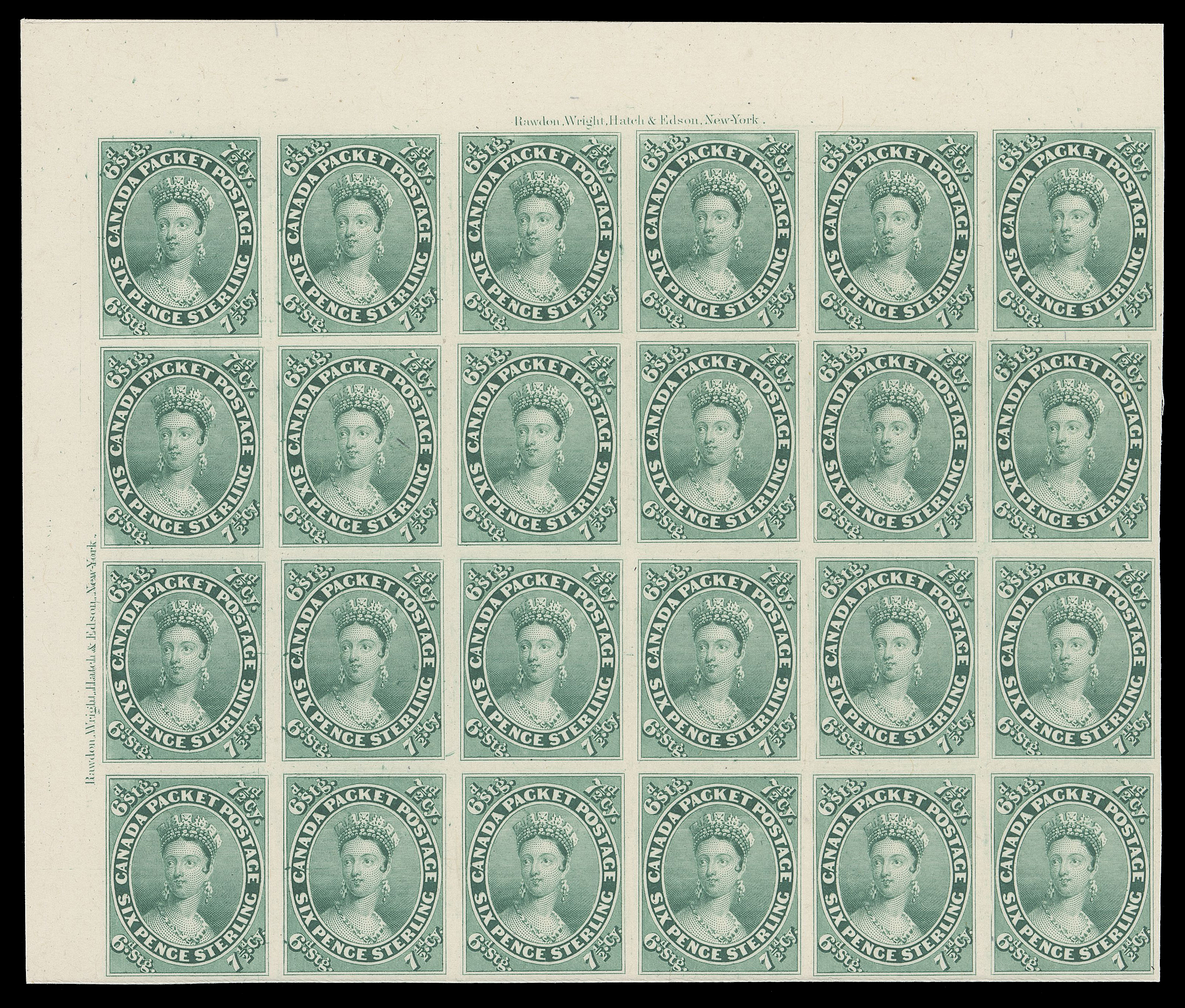 SEVEN AND ONE HALF PENCE AND TWELVE AND ONE HALF CENTS  9P,Upper left corner margin plate proof block of 24 (6x4) in the issued colour on card mounted india paper; light diagonal crease on top left pair, otherwise brilliant fresh and choice, VF (Unitrade cat. $8,400)

An interesting "Left Frame" plate flaw is visible on all four stamps in the second column.