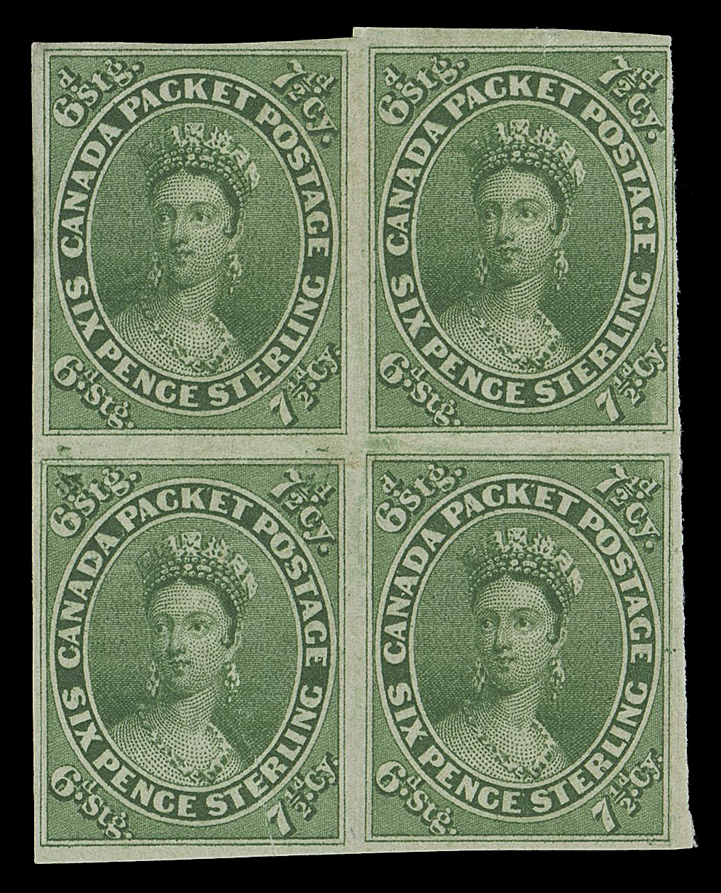 SEVEN AND ONE HALF PENCE AND TWELVE AND ONE HALF CENTS  9,The phenomenal, famous block of four, displaying with ample to large margins, top right outer frameline just touched, sealed tear at foot of lower left stamp. An exceptionally fresh block, displaying its original "bloom" as the day it was printed more than 160 years ago. Remarkably retaining full original gum, relatively lightly hinged, the lower right stamp appears to be NEVER HINGED. One of the Aristocrats of Canadian Philately, Very Fine, Lightly Hinged

The lower left stamp shows the "1d Flaw Fraction - Triangle Flaw" (Position 47) with a prominent Misplaced Entry in upper corner "6½dstg - 7½dcy" values (Unitrade 9iv).

Provenance: General Robert Gill, Robson Lowe Ltd., October 1965; Lot 41 - the third highest realization after the mint 12p pair and 10p block. Robson Lowe mentions in an article titled "Some Remarkable Stamps" published in 1965 and describes: "some of these unique unused blocks came from a collection found in the archives of a noble French family some 20 years ago. These were unearthed for the first time since the stamps had arrived in France. The blocks that are now in the Gill collection are the only ones that have ever been seen." This noble French family has been revealed as the Duc de Polignac who originally purchased these blocks from the post office at Montreal, (around circa. 1859).
E. Carey Fox, First Portion H.R. Harmer Inc., May 1968; Lot 355
Duane Hilmer, Sotheby Parke Bernet Stamp Auction, September 1977; Lot 112 - described "famous unique block of four... Great Rarity of Canadian Philately."
John Foxbridge (du Pont) Collection (private treaty, 1988) - original retail value US$95,000.
The Weill Brothers, Christie