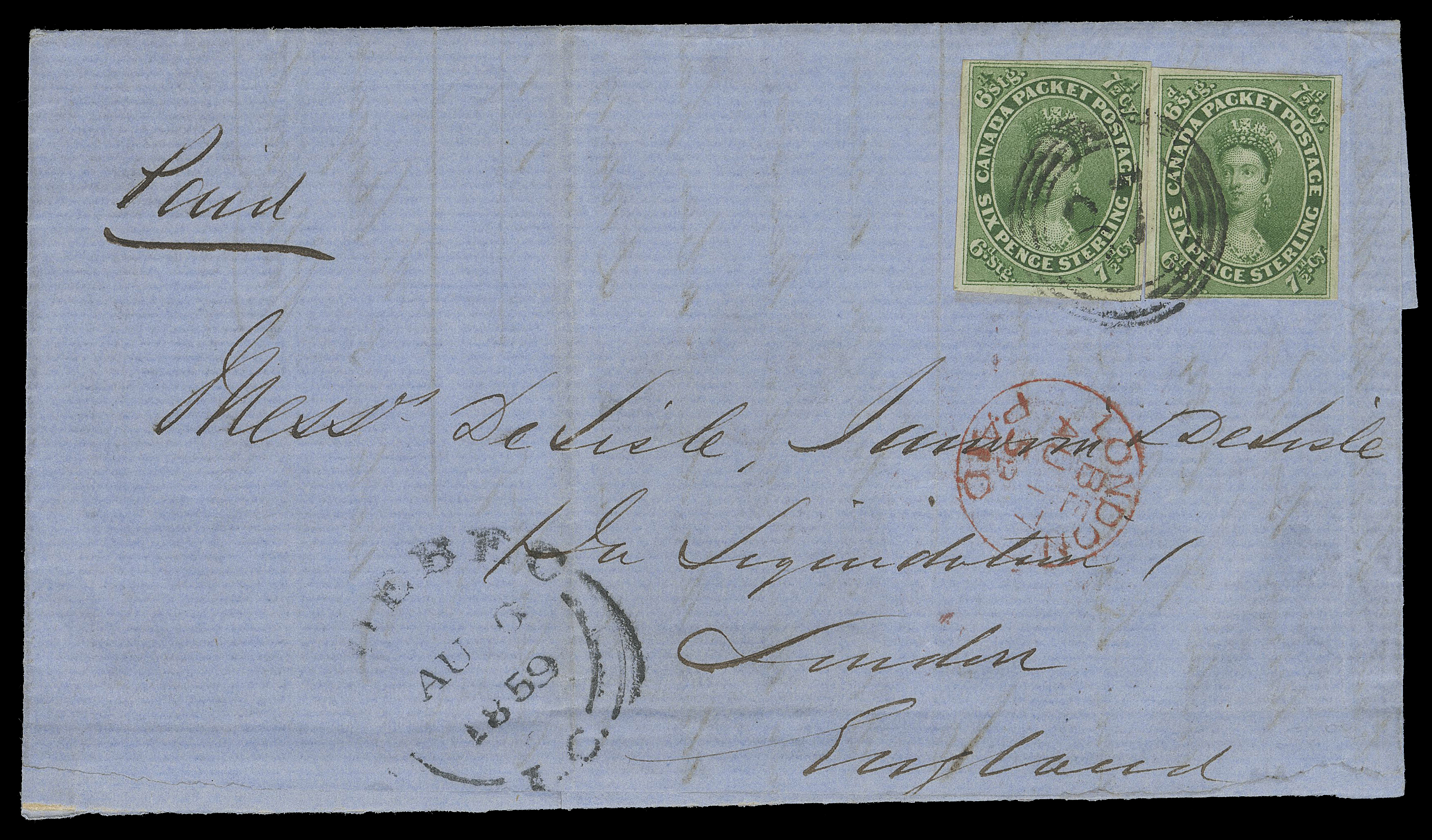 SEVEN AND ONE HALF PENCE AND TWELVE AND ONE HALF CENTS  1859 (August 6) Blue folded cover from Quebec to London, England, bearing two single 7½p green, both with clear to mostly large  margins, attractively tied by four-ring 