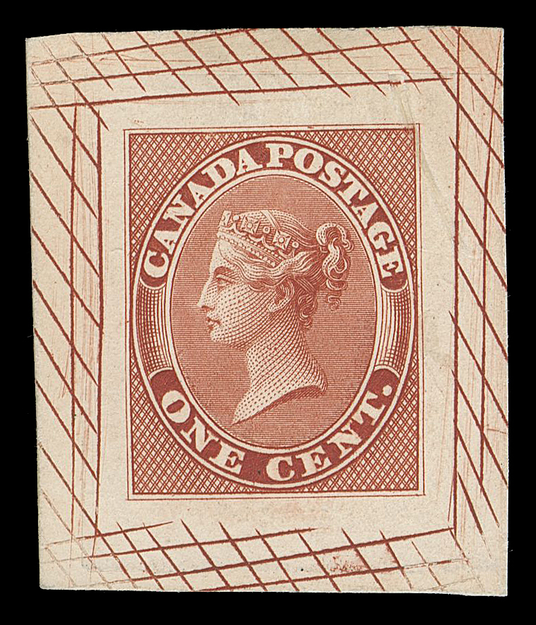 HALF PENNY AND ONE CENT  14,"Goodall" Die Proof, engraved, printed in brownish red 26 x 30 die sunk on card 29 x 34mm, showing crossed guidelines surrounding design; natural paper fibre inclusion at top right not readily discernible, a remarkable coloured proof, rare, VF (Minuse & Pratt 14TC2g)

Provenance: BNA Proofs & Essays, Robson Lowe Ltd., June 1963; Lot 62
The "Lindemann" Collection (private treaty, circa. 1997)

Literature: Illustrated in Robson Lowe "The Encyclopedia of British Empire Postage Stamps, Volume  V - British North America" on page 177
