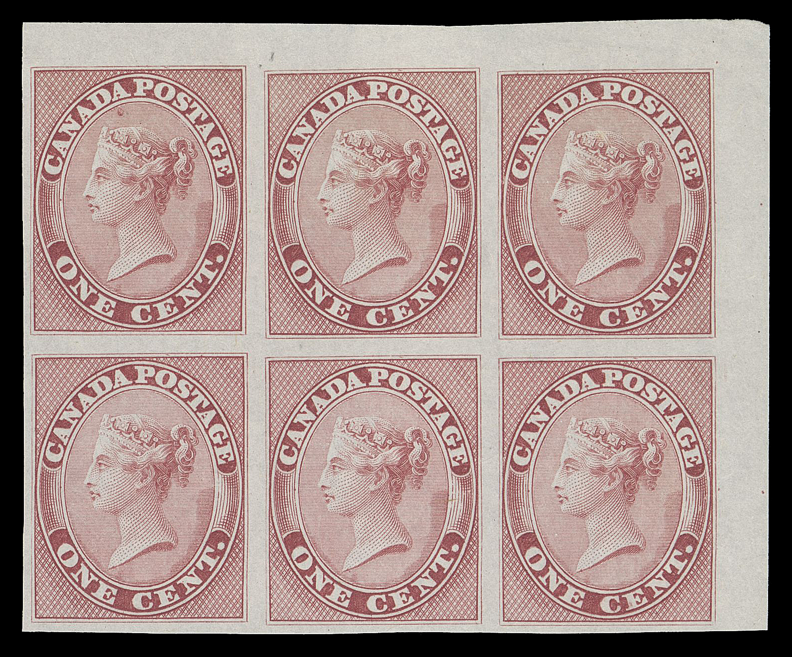 HALF PENNY AND ONE CENT  14TC,Trial colour corner margin plate proof block of six printed in pale rose, near issued colour, on india paper, choice, VF

Interestingly, this block lacks the ABNC imprint above Positions 8 & 9, indicating that it originated from a plate printed prior to October 1864. Imprints were added starting with the printing order of November 1864.