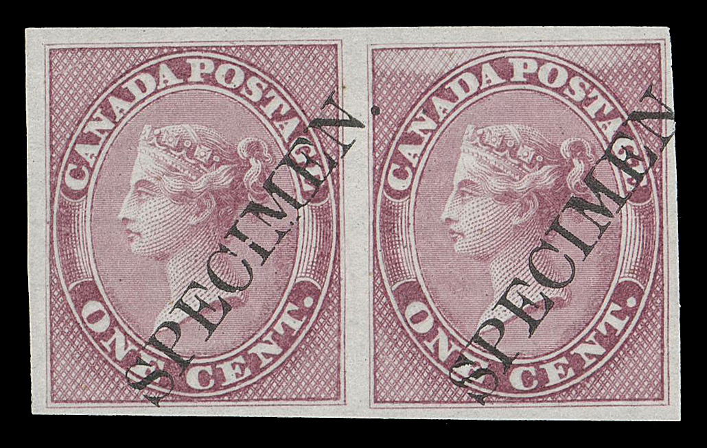 HALF PENNY AND ONE CENT  14Pii,Plate proof pair on india paper with the elusive diagonal SPECIMEN overprint in black, VF

Right proof shows a prominent Short Entry variety at top.

Provenance: Gerald Wellburn, Robson Lowe, Toronto, November 1983; Lot 25
The "Lindemann" Collection (private treaty, circa. 1997)