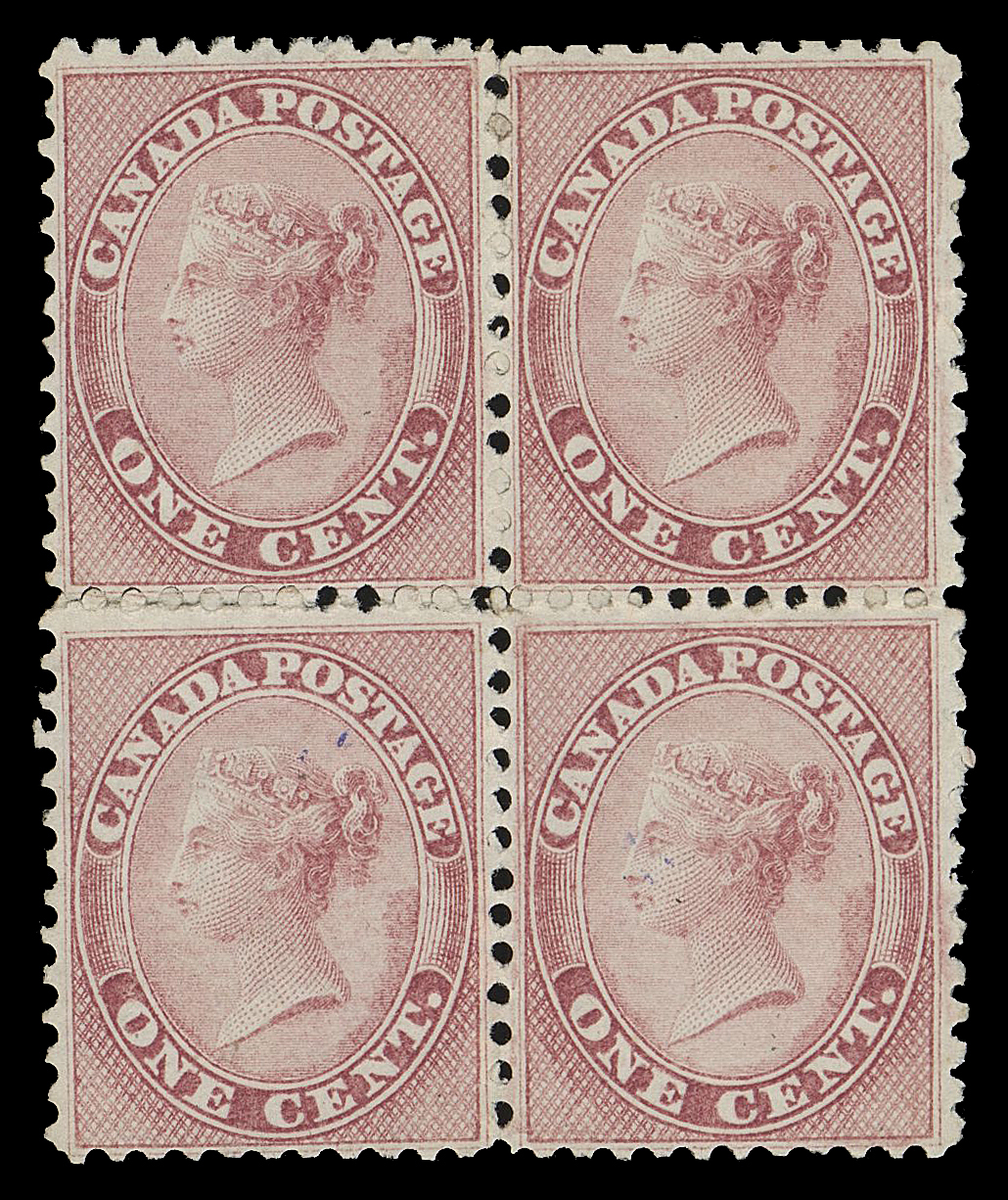 HALF PENNY AND ONE CENT  14b, ii,An unusually well centered unused block with bright colour on fresh paper (0.004" thick), couple minute ink specks on lower right stamp and a few split perfs, a very scarce, well centered multiple of the elusive thick paper, VF

Provenance: Gerald Wellburn, Robson Lowe, Toronto, November 1983; Lot 34
Sam Nickle, Christie