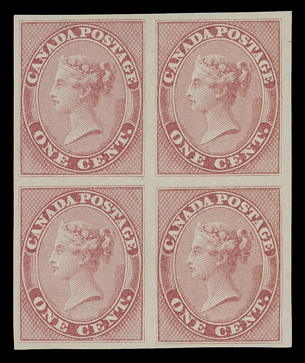 HALF PENNY AND ONE CENT  14a,An exceptional imperforate block in the distinctive shade of the issued stamp, surrounded by large margins, ungummed. One of (if not) the finest existing blocks extant, XF

Expertization: 1988 Greene Foundation certificate

Provenance: Fred Jarrett Canada 1859-1864, Sissons Sale 169, December 1959; Lot 16

Brigham