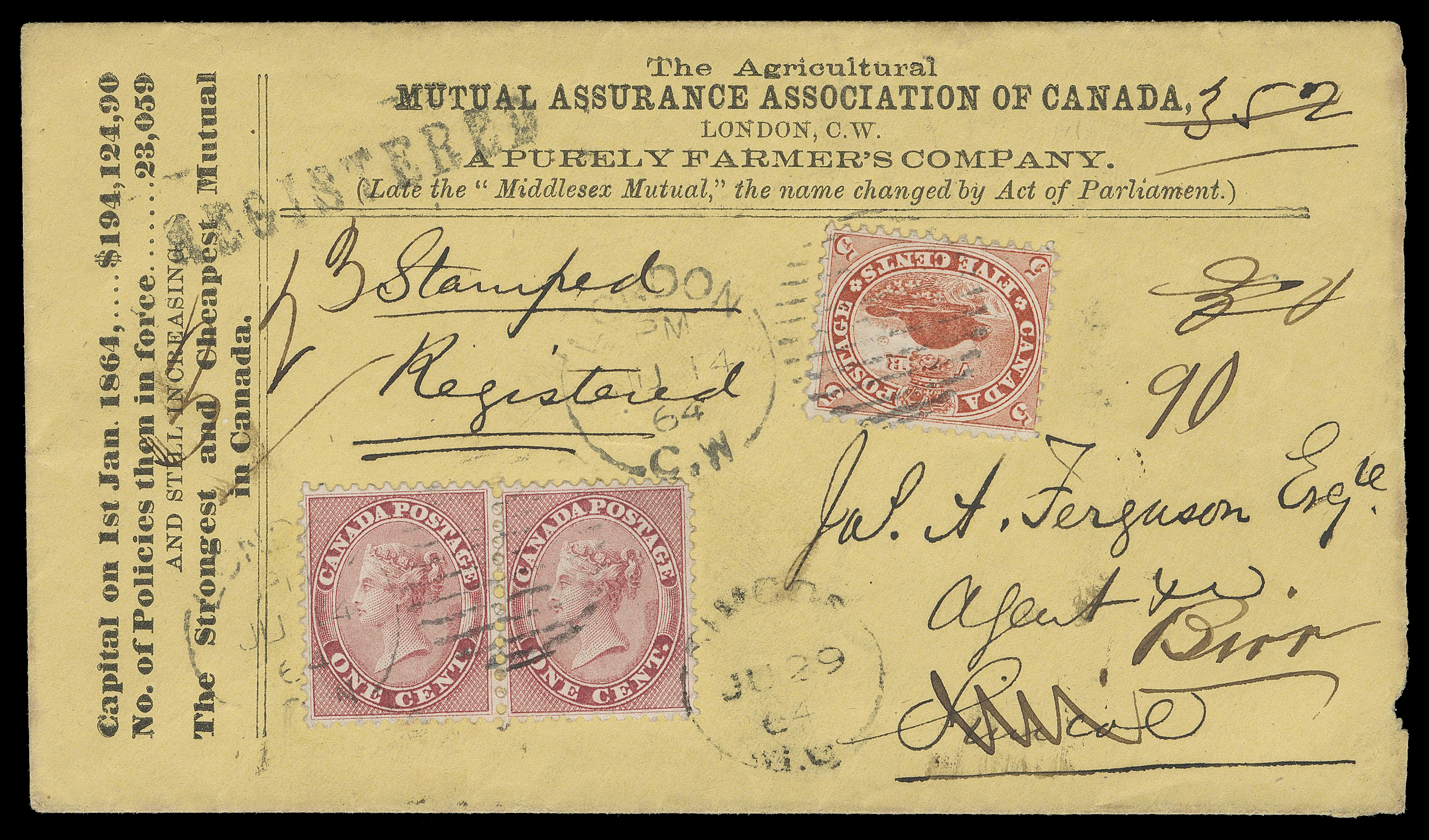 HALF PENNY AND ONE CENT  1864 (June 14) Agricultural Mutual Assurance Association of Canada yellow envelope mailed registered from London, C.W. to Simcoe, franked with 5c vermilion and well centered pair of 1c rose, perf 12x11¾, brilliant fresh colours, cover with inconsequential nick at lower right; redirected to Birr with five different transit and arrival markings on back along with straightline REGISTERED handstamp; pays 5 cent letter rate with 2 cent registration fee. An impressive and visually striking cover in choice condition, VF (Unitrade 14viii, 15)