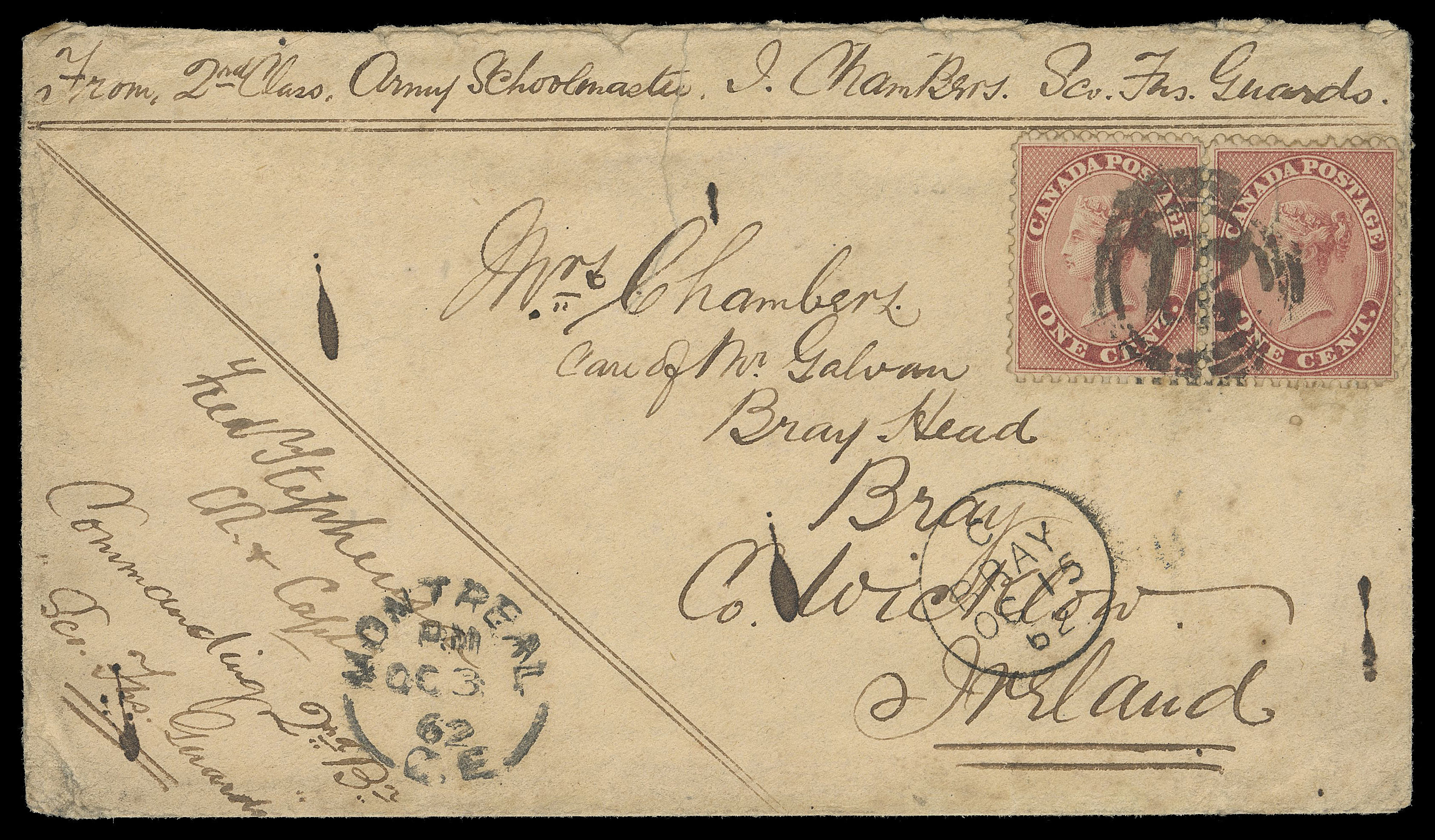 HALF PENNY AND ONE CENT  1862 (October 3) Military Concessionary rate from the well-known Chambers correspondence "From 2nd Class Army Schoolmaster J. Chambers Sco. Fus. Guards" countersigned by Commander Officer and addressed to Bray, Ireland, light overall ageing, diagonal cover crease clear of franking and light edge wrinkling just touches upper right corner of the nicely centered horizontal pair of 1c deep rose, perf 11¾, tied by bold, centrally struck four-ring 