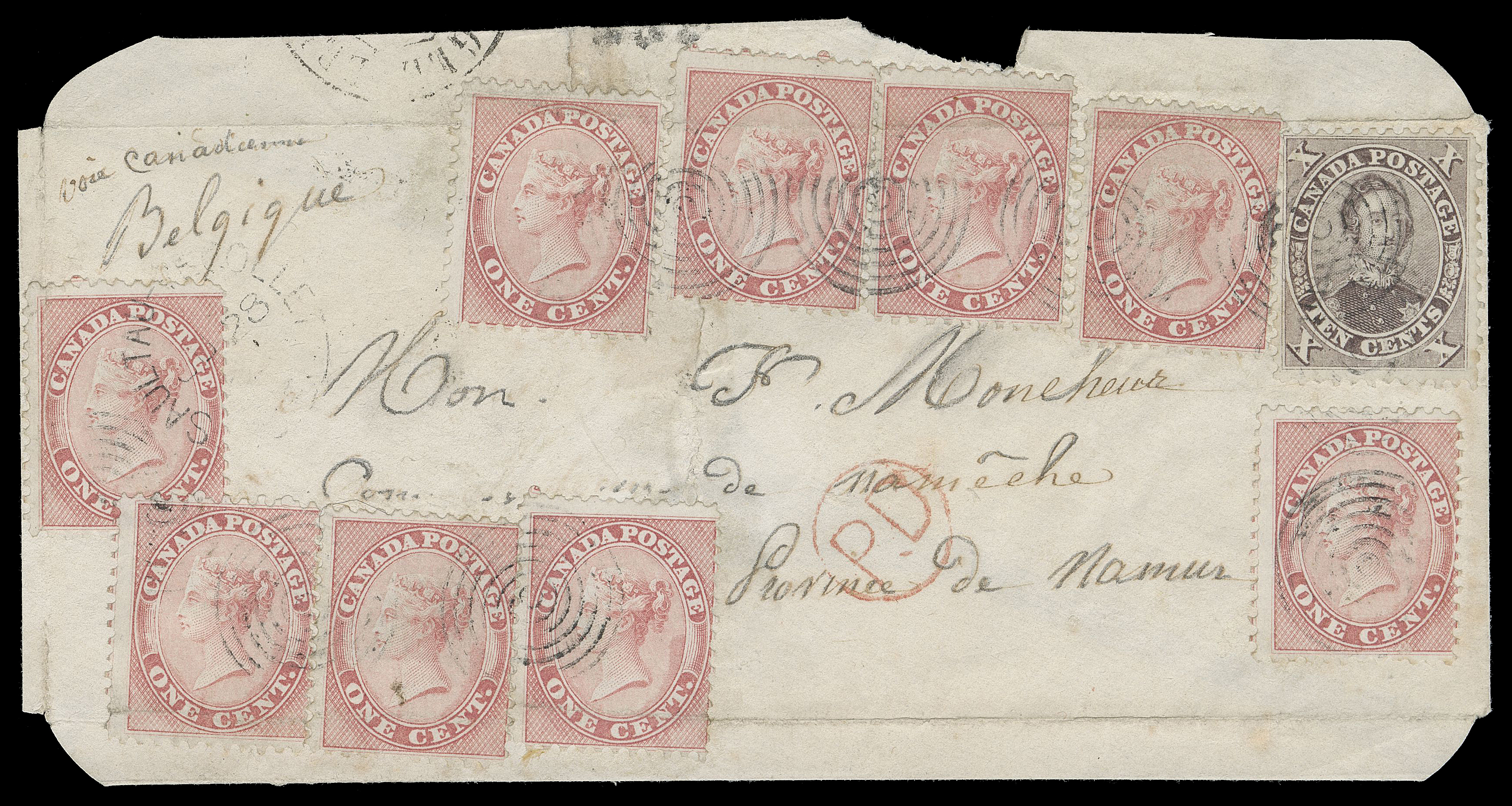 HALF PENNY AND ONE CENT  1864 (June 28) Envelope from Sault Au-Récollet to Namêche, Belgium, bearing an unusual franking of a 10c brown and nine 1c rose, perf 12x11¾, nearly all affected from overlapping envelope; subsequently refolded to show the complete franking. Tied by light concentric rings cancels, stamp at left further tied by light split ring dispatch, circular "PD" instructional marking in red, blurry Montreal JU 28 transit and two different Belgian backstamps JUIL 15 and JUIL 16. Pays a remarkable 19 cent rate via Canadian Packet to Belgium. Despite the flaws an extraordinary franking of the utmost rarity, Fine appearing and extremely rare. (Unitrade 14viii, 17b)

Provenance: Bill Lea Exhibit Collection of Canada Pence & Cents Postal History (private sale)
Art Leggett Cents Issue Exhibit Collection (private sale)
The "Lindemann" Collection (private treaty, circa. 1997)

Census: Firby records only two covers to Belgium, this being a UNIQUE franking.