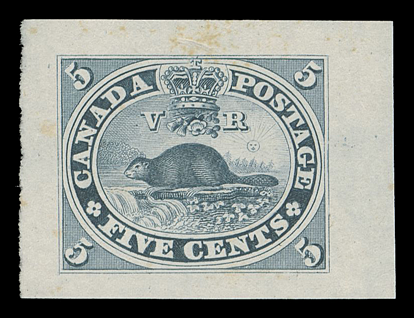 THREE PENCE AND FIVE CENTS  15,"Goodall" Die Proof, engraved, printed in greenish blue on india paper 31 x 23mm; slight trace of foxing at top,  a very rare coloured die proof, VF (Minuse & Pratt 15TC2g)

Provenance: Arthur Groten, Maresch Sale 132, September 1981; Lot 129
The "Lindemann" Collection (private treaty, circa. 1997)

Also includes the original ABNC card (34 x 27mm) this proof was initially die sunk onto.