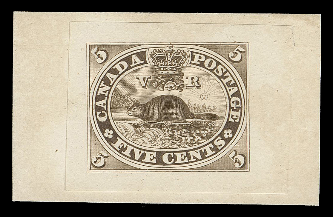 THREE PENCE AND FIVE CENTS  15,"Goodall" Die Proof, engraved, printed in dark yellowish brown on india paper 31 x 24, die sunk on slightly larger card measuring 44 x 27mm; minor mark from previous mounting on reverse, a very rare and highly attractive die proof, VF (Minuse & Pratt 15TC2g)

Provenance: Henry Gates, Cents Issue Proofs, Siegel, March 1989; Lot 222
The "Lindemann" Collection (private treaty, circa. 1997)