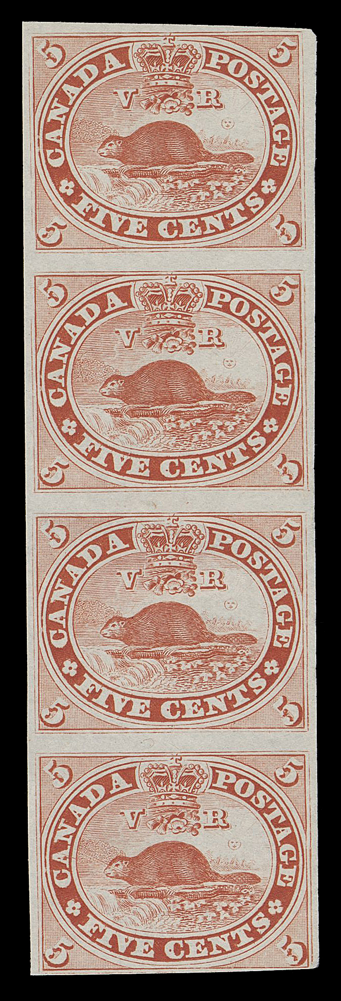 THREE PENCE AND FIVE CENTS  15TC + variety,Trial colour plate proof strip of four in orange vermilion on india, ample margins except slightly in outer frameline, shows the "Split Beaver" variety on lower proof (Position 90) that only appeared on State 4 of the plate, printed in 1863. Very rarely seen on a proof as it was very short-lived and not present on the bulk of plate proofs in vermilion printed in 1867 (State 10). A great item for the specialist, Fine

Provenance: The "Lindemann" Collection (private treaty, circa. 1997)