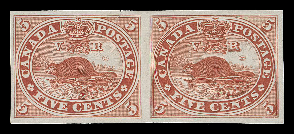 THREE PENCE AND FIVE CENTS  15P + variety,Horizontal plate proof pair  in the issued colour on india, right proof shows the Major Re-entry (State 10; Position 28) with prominent doubling of many design features; small tear at top of left proof only, VF