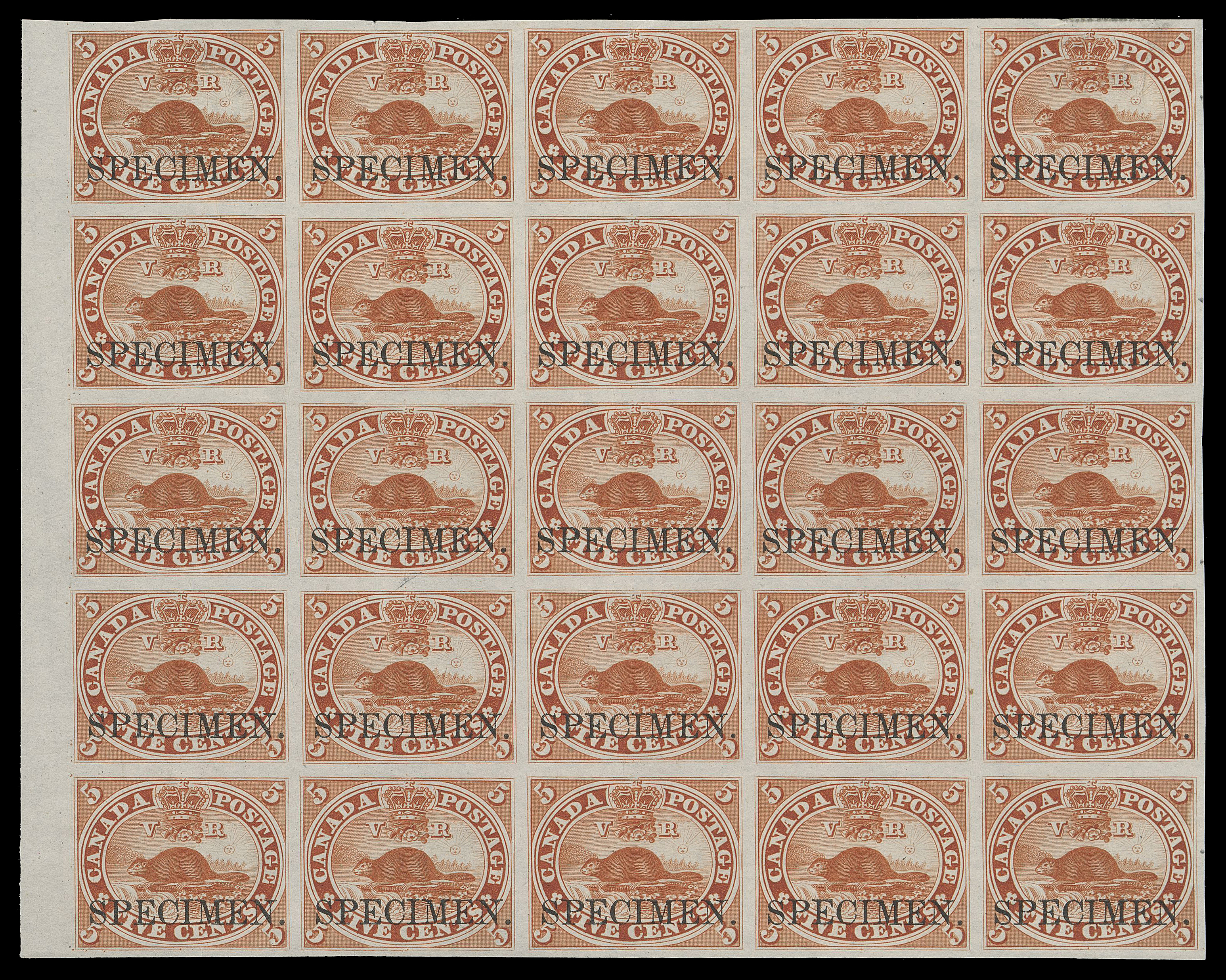 THREE PENCE AND FIVE CENTS  15TCiv,An impressive trial colour plate proof block of twenty-five, printed in brown red on india paper with horizontal SPECIMEN overprint in black (Positions 51-55 / 91-95); an earlier State of the plate as no imprint appears in selvedge (only added after State 6 circa. 1865), most striking and very scarce, VF (Unitrade cat. $6,250)

Provenance: Dale-Lichtenstein, Sale 7 - BNA Part Three, H.R. Harmer Inc., January 1970; Lot 974
Clayton Huff Cents Issue, Maresch Sale 207, November 1987; Lot 222