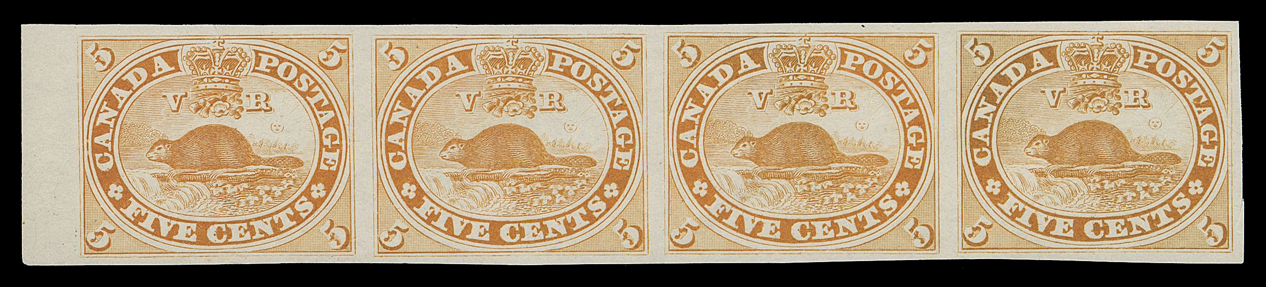 THREE PENCE AND FIVE CENTS  15TCviii,Trial colour plate proof strip of four in orange yellow on india, sheet margin at left, tiny scissor cut in margin at right, otherwise sound, a scarce multiple, VF