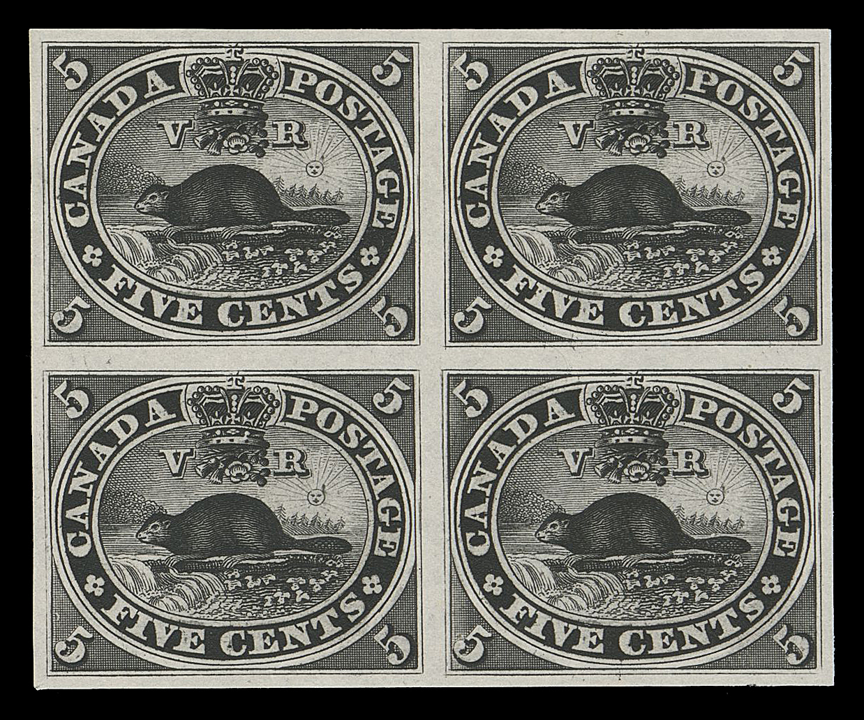 THREE PENCE AND FIVE CENTS  15TCvii,Superb trial colour plate proof block printed in black on india paper, displaying exceptionally strong colour and impression; no 5c proofs in black were present in th 1990 ABNC sale. Very scarce and especially desirable in such premium condition, XF