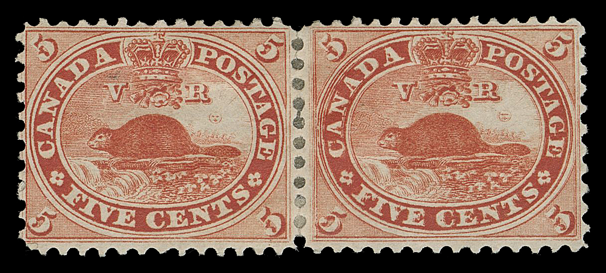 THREE PENCE AND FIVE CENTS  15, 15v,The impressive "Dale-Lichtenstein" mint pair showing the sought-after Major Re-entry (Position 28; State 10) on the right-hand stamp, gorgeous bright colour that ideally accentuates the strong doubling throughout the design; a few immaterial split perfs strengthened by a hinge, large part original gum. A particularly rare plate variety in mint condition, very well centered and quite possibly the finest in existence, VF OG

Provenance: Dale-Lichtenstein, Sale 7 - British North America Part Three, H.R. Harmer, Inc., January 1970; Lot 977 - sold for US$480, sixteen times the catalogue value at that time for a basic 5c mint single.
Capex 1987 auction, Maresch Sale 206, June 1987; Lot 100
The "Lindemann" Collection (private treaty, circa. 1997)
