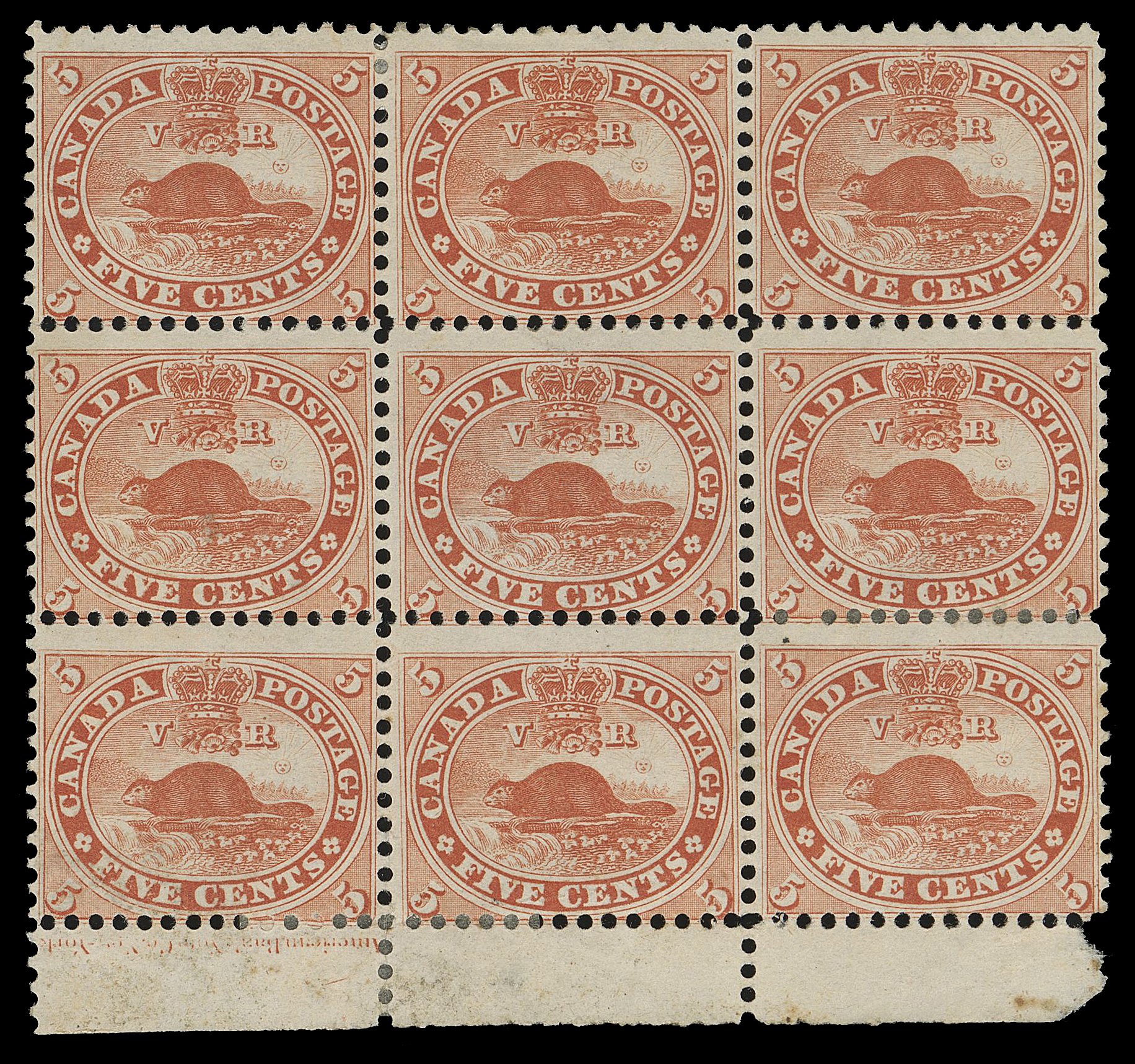 THREE PENCE AND FIVE CENTS  15,An eye-catching mint block of nine, ABNC imprint in lower margin, diagonal crease on lower right pair, marginal soiling and small fault at lower right, the other seven stamps in sound condition; FULL ORIGINAL GUM hinged or lightly hinged on six stamps and NEVER HINGED on three - the left pair of the centre row and top right stamp. A very rare and impressive large multiple of this popular classic stamp.

This block originates from State 8 of the plate (Positions 73-75 / 93-95) with known Re-entries shown at Positions 75 & 83.

Provenance: Dale-Lichtenstein, Sale 10 - Canada, H.R. Harmer, Inc., December 1970; Lot 355
Fred Goodhelpsen Collection (private sale)
Arthur Groten, Maresch Sale 132, September 1981; Lot 148
Sam Nickle, Christie