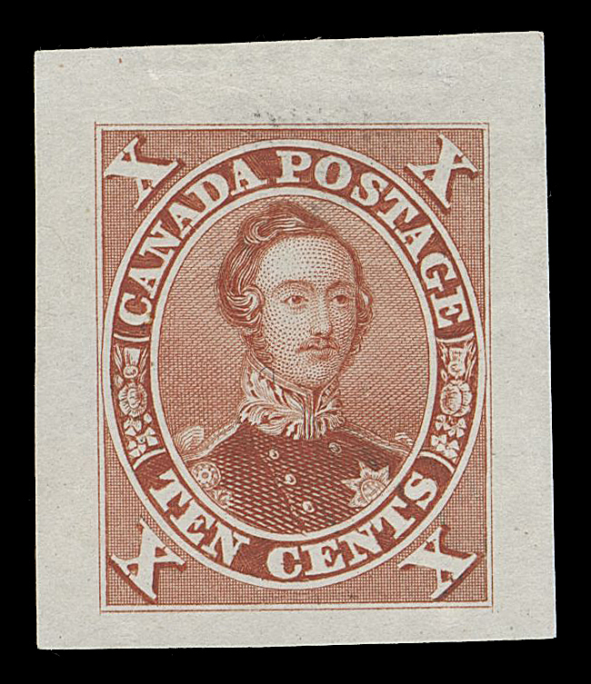 SIX PENCE AND TEN CENTS  16TCiii,"Goodall" Die Proof, engraved, printed in brownish red on india paper 24 x 28mm; negligible mount mark, otherwise a superb and rarely seen coloured die proof, VF (Minuse & Pratt 16TC2g)

Provenance: Art Leggett Cents Issue Exhibit Collection (private sale)
The "Lindemann" Collection (private treaty, circa. 1997)

"Goodall" die proofs were printed in five colours - dark yellowish brown, brownish red (offered here), greenish blue, bluish green and greyish black. Slight shades are sometimes observed on other Decimal issues. Other colours and papers of the Ten cent come from the very rare Compound Die, together with the 12p Queen Victoria. 

