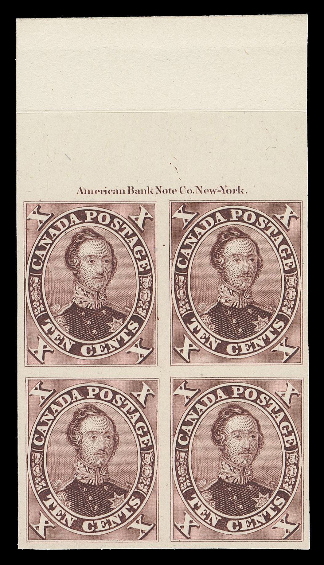 SIX PENCE AND TEN CENTS  17TCi + variety,An attractive, choice plate proof block in brownish purple on  card mounted india paper, showing full ABNC imprint at top  (Positions 8-9 / 18-19) and showing the "C" Flaw on both proofs  in right column, VF (Unitrade cat. as normal  single proofs)

The "C" Flaw variety is found on stamps from the last two columns of the sheet with ABNC imprint, appearing on Printing Orders  starting around November 1864.