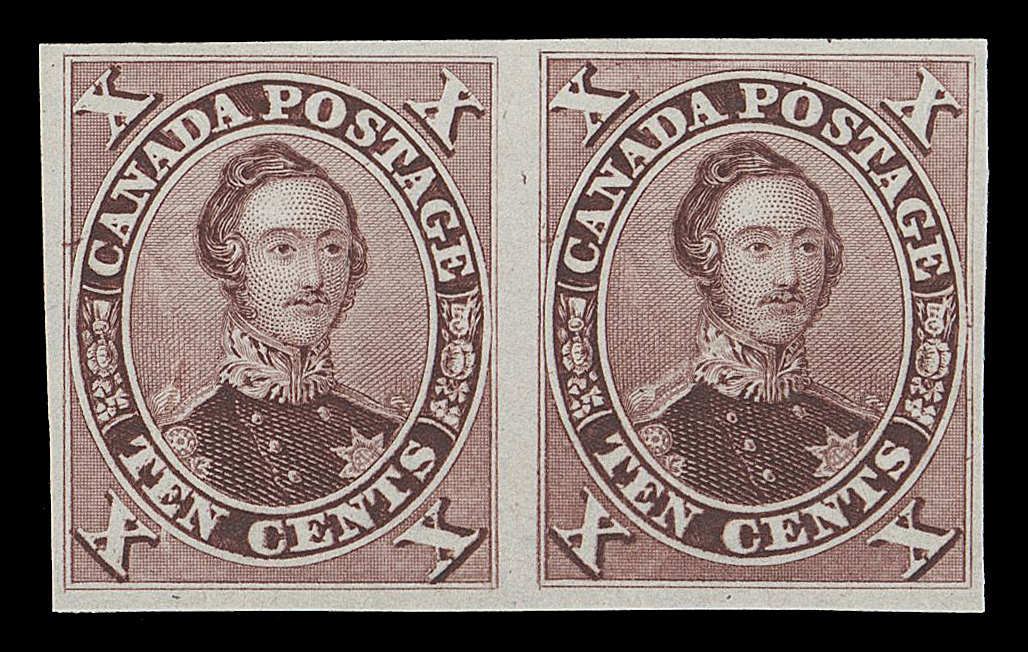 SIX PENCE AND TEN CENTS  17TCi + varieties,Trial colour plate proof pair in brownish purple on india, shows the Major Re-entry (Position 29) on left proof along with the "C" Flaw variety on both; natural inclusion at left, VF (Unitrade cat. as normal single proofs)

Provenance: The "Lindemann" Collection (private treaty, circa. 1997)