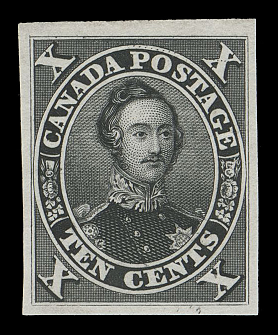 SIX PENCE AND TEN CENTS  16TC + variety,Trial colour plate proof in black on india, clearly displaying the constant "String of Pearls" (Position 3) plate variety. Superb dark rich colour, a very elusive combination of the variety and a sought after colour, VF

Provenance: The "Lindemann" Collection (private treaty, circa. 1997)
